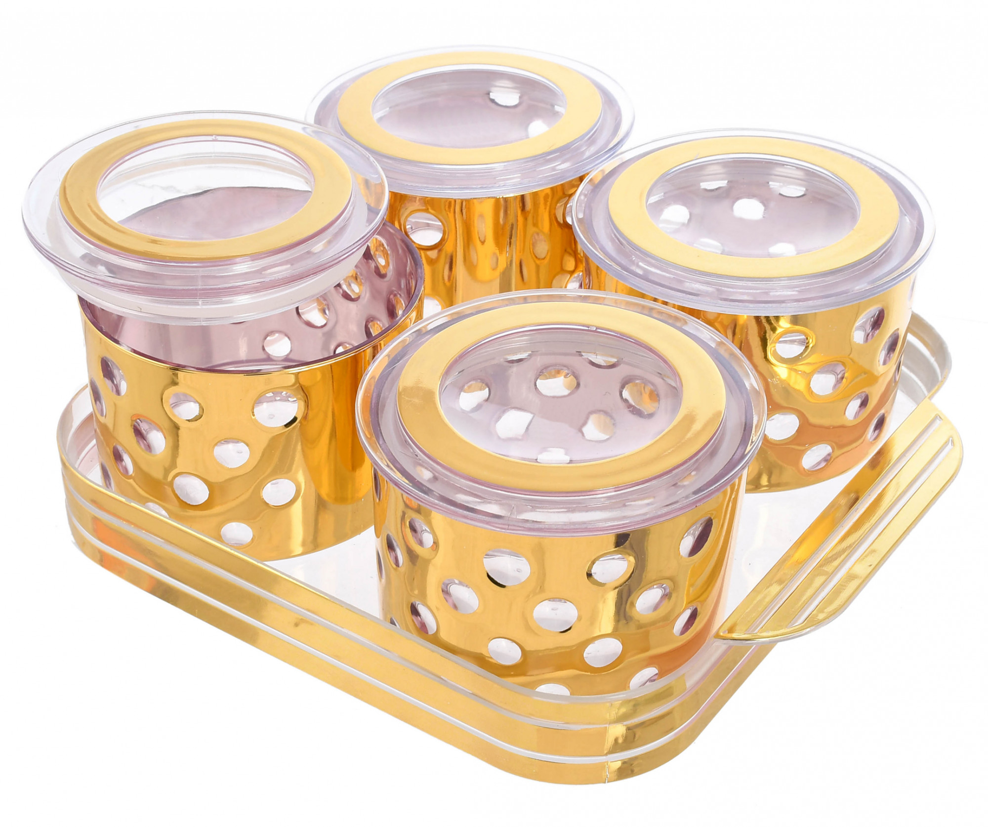 Kuber Industries Wooden Design Plastic Dry Fruits Nuts Snacks Storage Container Set With Serving Tray, Set of 5 (Gold)