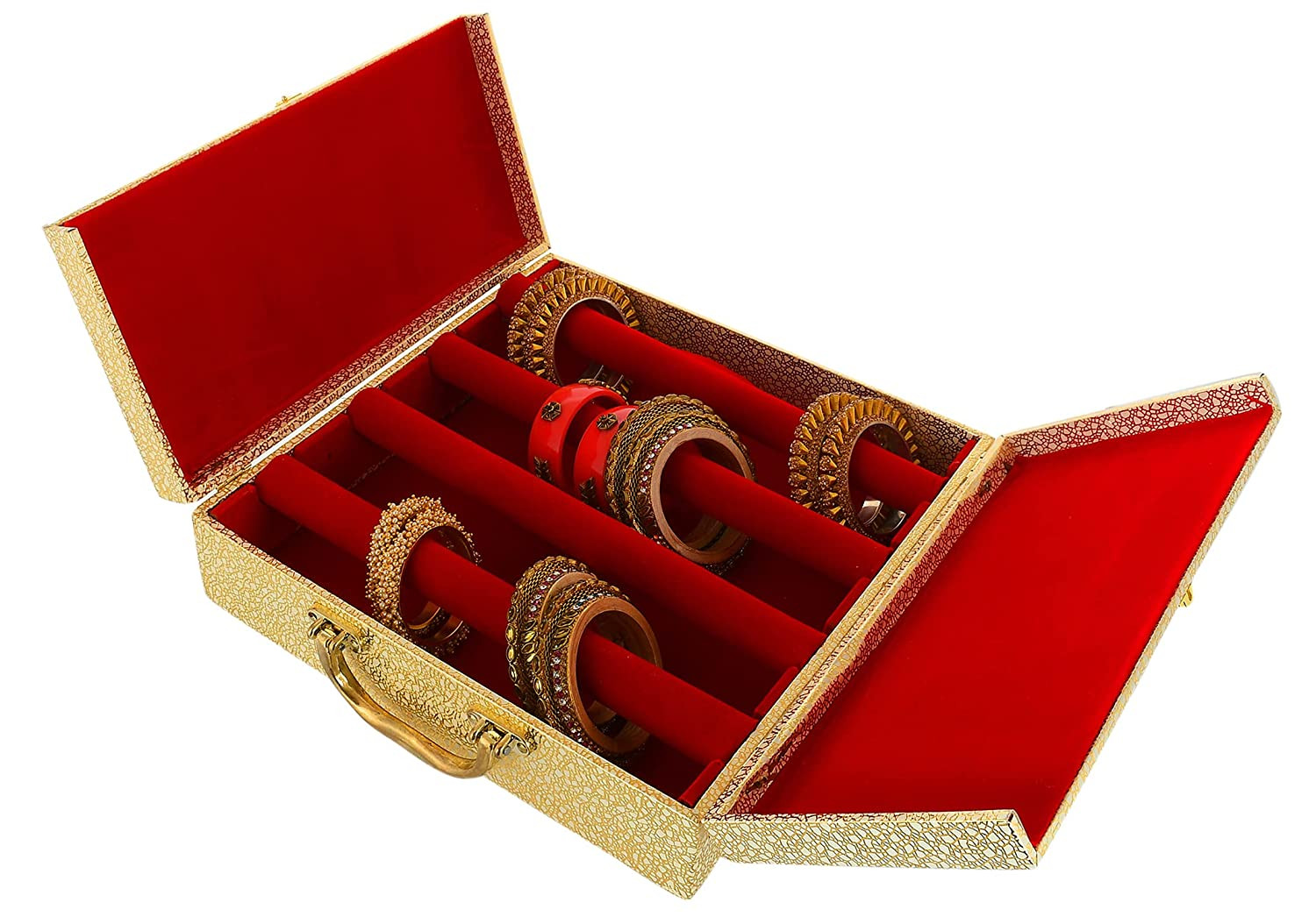 Kuber Industries Wooden Double Door 4 Rod Bangle Box | Vanity Organizer For Watches, Bracelet With Lock on Top & Handle (Gold)