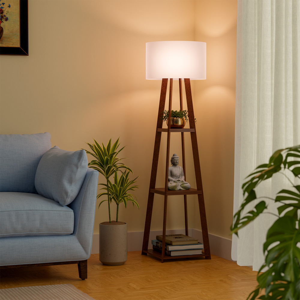 Image of Wooden Floor Lamp for Living Room Decoration with 3 Shelves | Tall Standing Corner Light Lamp for Bedroom | (Bulb Not Included) | Ivory
