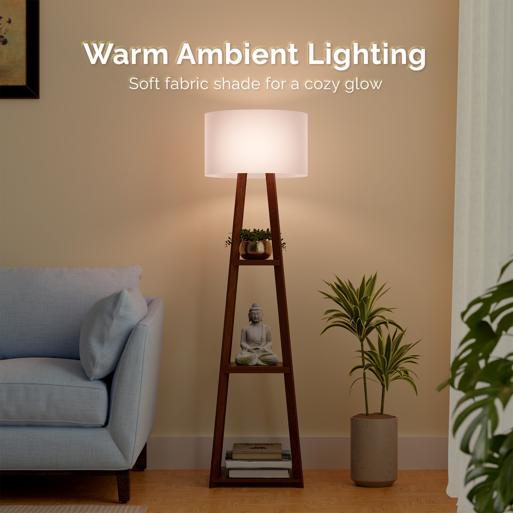 Kuber Industries Wooden Floor Lamp for Living Room Decoration with 3 Shelves  Tall Standing Corner Light Lamp for Bedroom  Bulb Not Included  Ivory