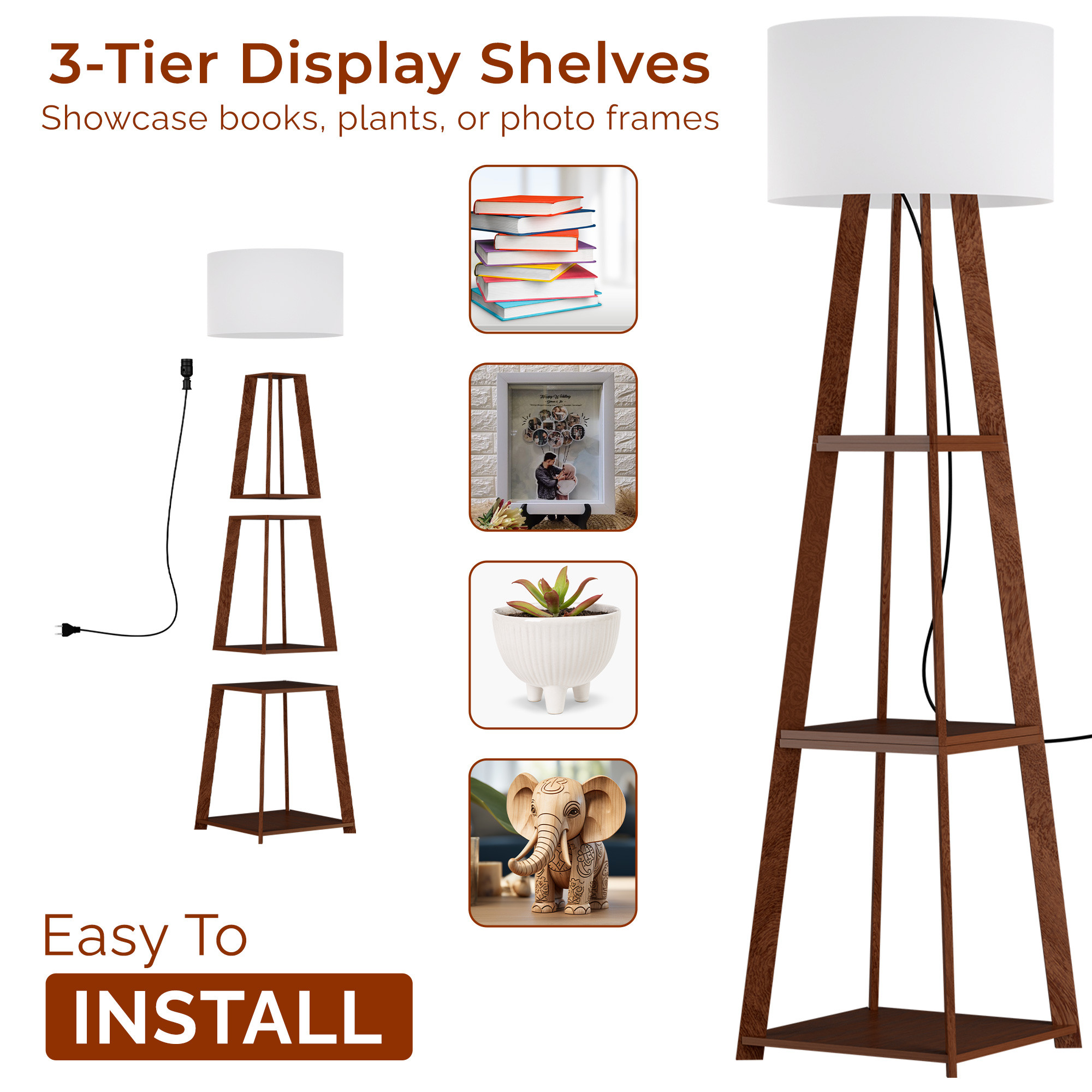 Kuber Industries Wooden Floor Lamp for Living Room Decoration with 3 Shelves  Tall Standing Corner Light Lamp for Bedroom  Bulb Not Included  Ivory
