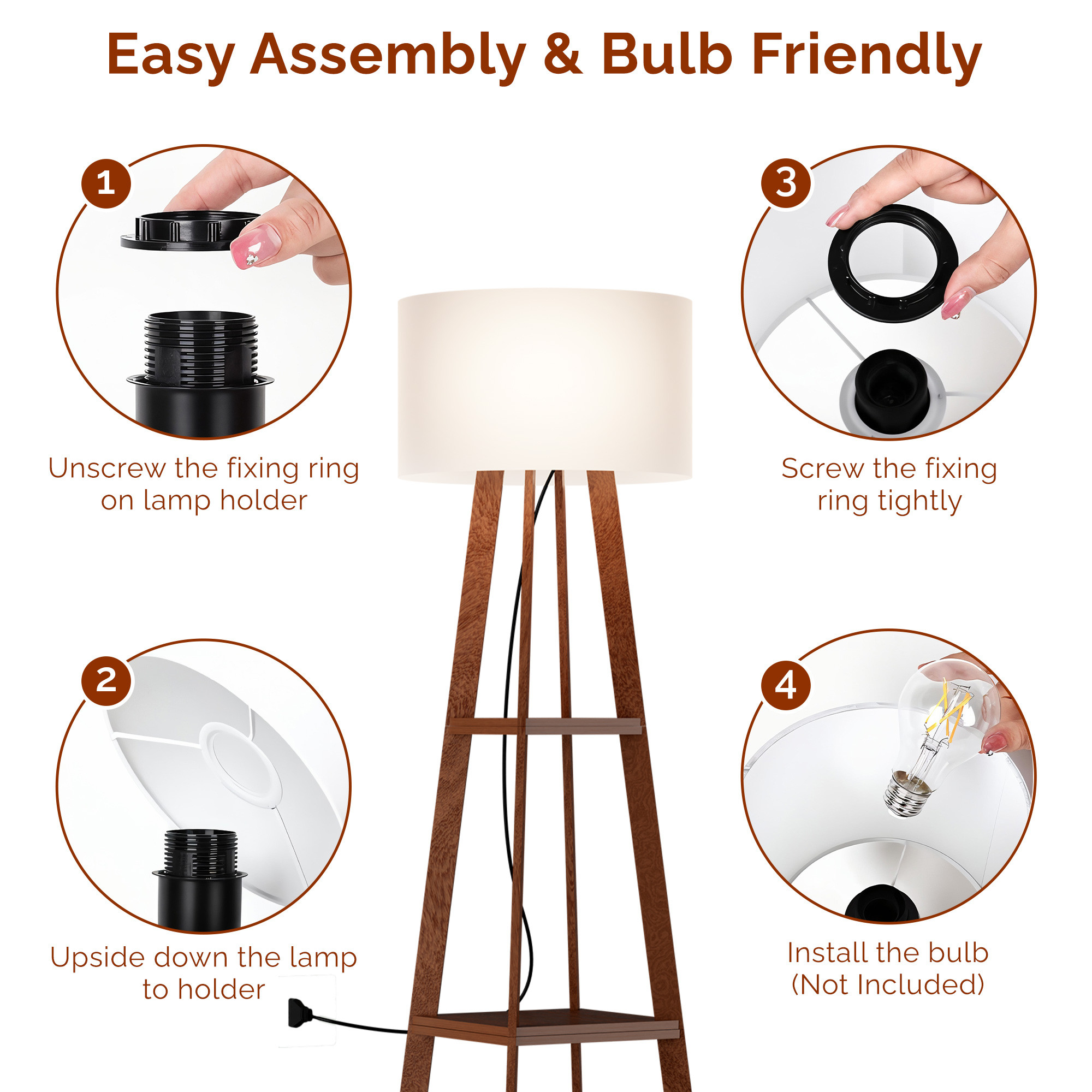 Kuber Industries Wooden Floor Lamp for Living Room Decoration with 3 Shelves  Tall Standing Corner Light Lamp for Bedroom  Bulb Not Included  Ivory