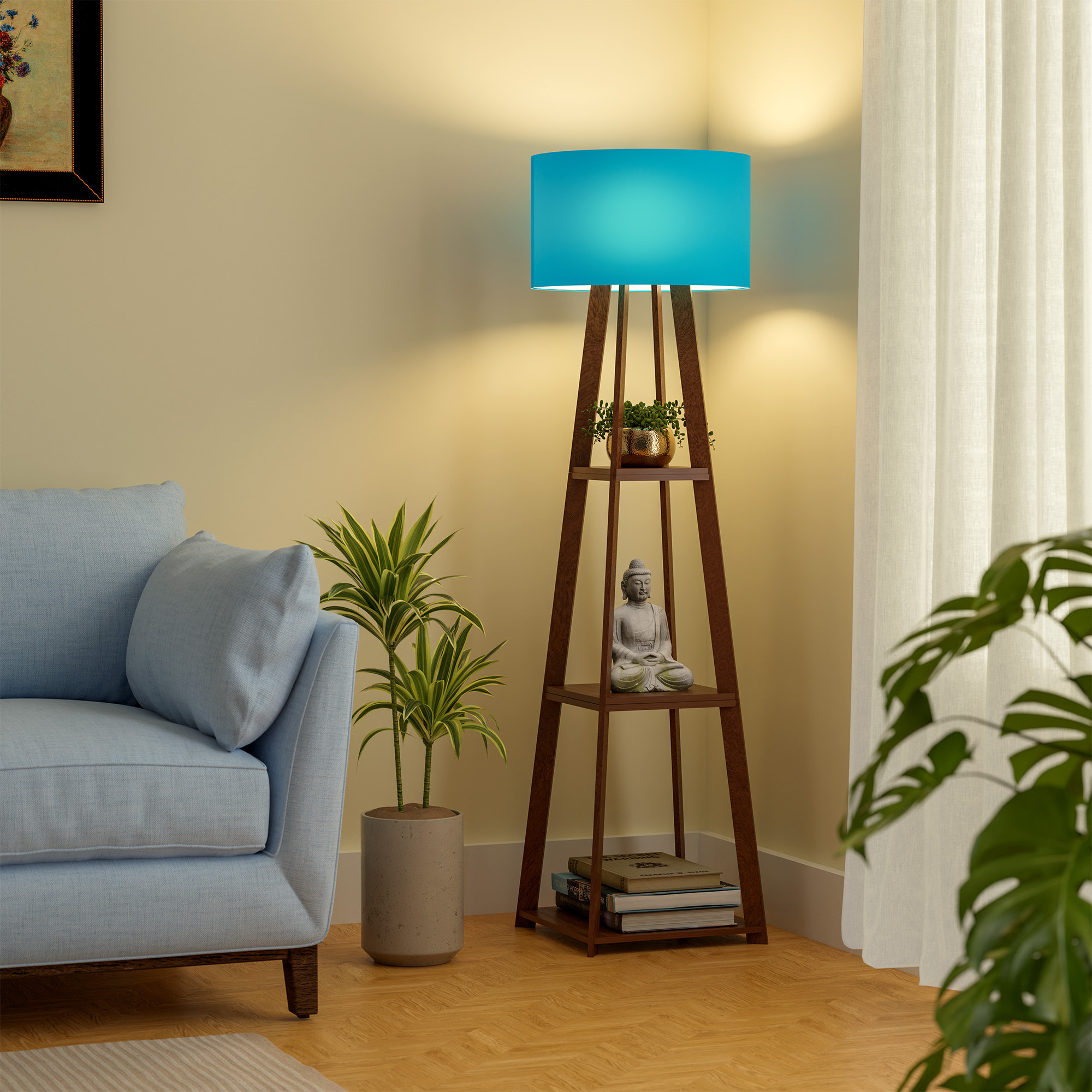 Kuber Industries Wooden Floor Lamp for Living Room Decoration with 3 Shelves  Tall Standing Corner Light Lamp for Bedroom  Bulb Not Included  Blue