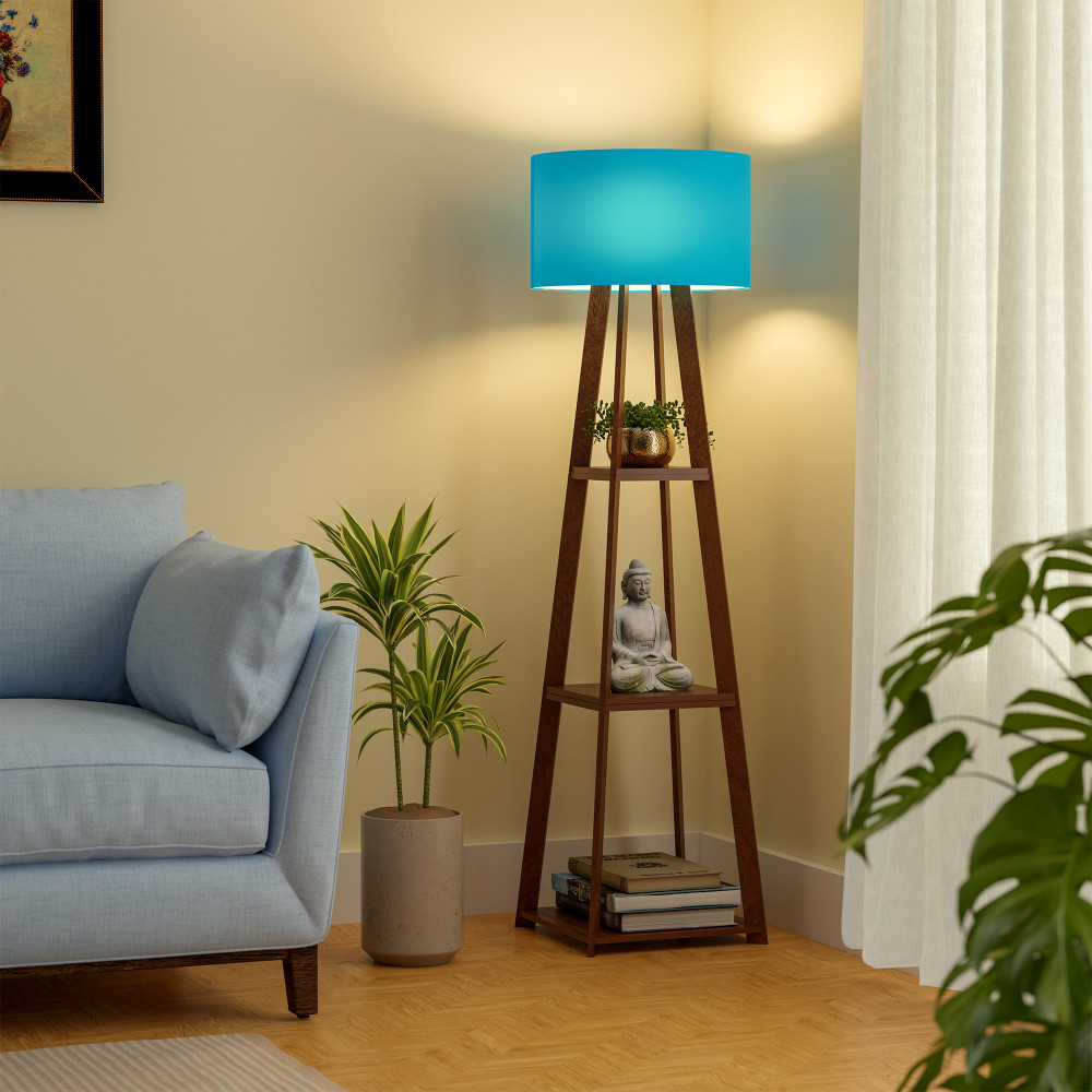 Image of Wooden Floor Lamp for Living Room Decoration with 3 Shelves | Tall Standing Corner Light Lamp for Bedroom | (Bulb Not Included) | Blue