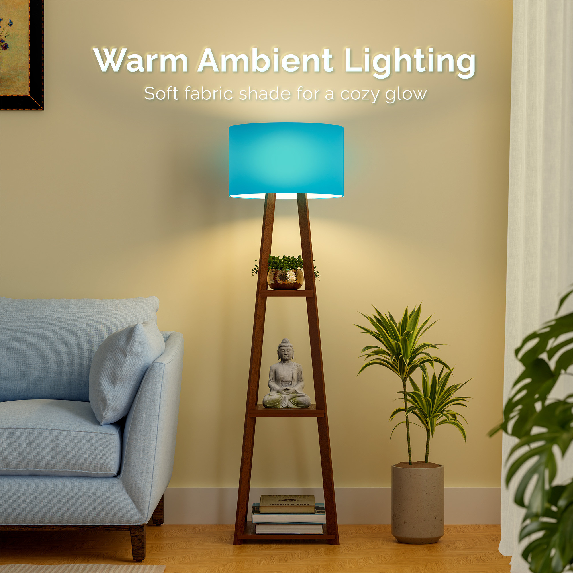 Kuber Industries Wooden Floor Lamp for Living Room Decoration with 3 Shelves  Tall Standing Corner Light Lamp for Bedroom  Bulb Not Included  Blue