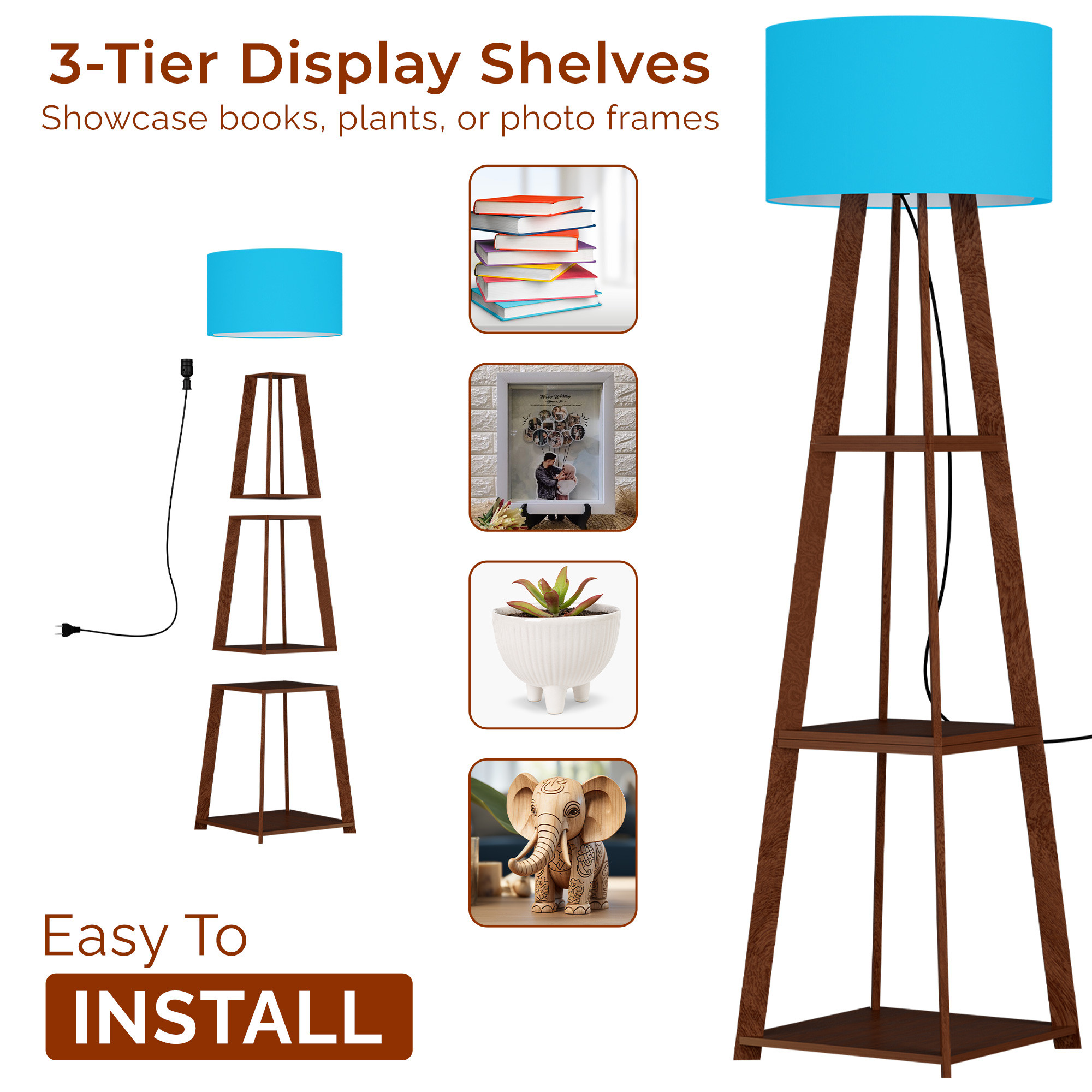 Kuber Industries Wooden Floor Lamp for Living Room Decoration with 3 Shelves  Tall Standing Corner Light Lamp for Bedroom  Bulb Not Included  Blue