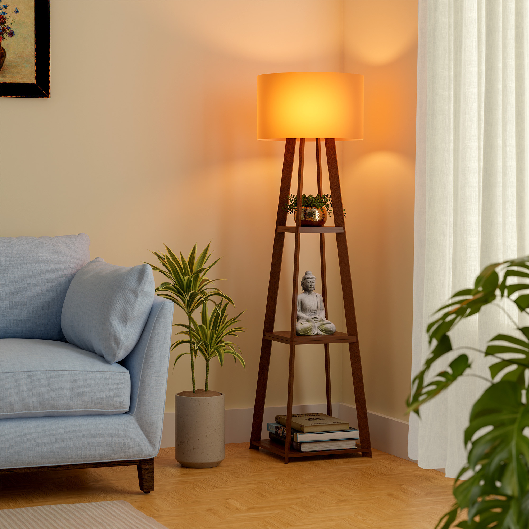 Kuber Industries Wooden Floor Lamp for Living Room Decoration with 3 Shelves  Tall Standing Corner Light Lamp for Bedroom  Bulb Not Included  Natural