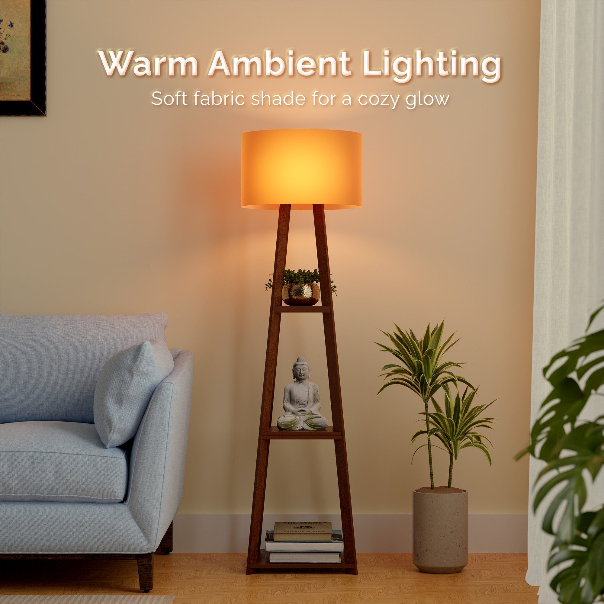 Kuber Industries Wooden Floor Lamp for Living Room Decoration with 3 Shelves  Tall Standing Corner Light Lamp for Bedroom  Bulb Not Included  Natural