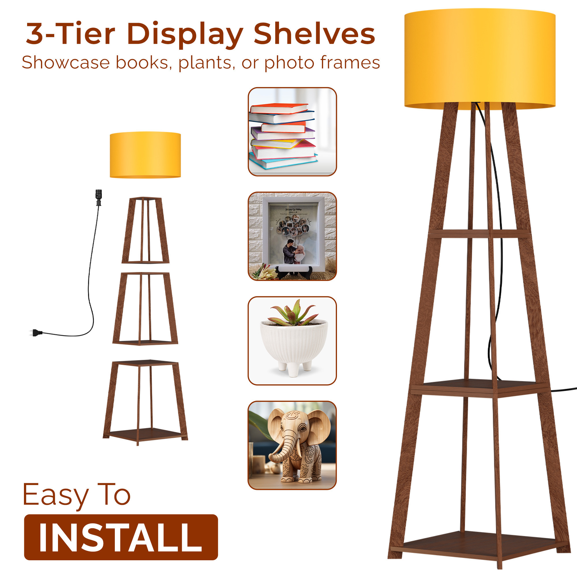 Kuber Industries Wooden Floor Lamp for Living Room Decoration with 3 Shelves  Tall Standing Corner Light Lamp for Bedroom  Bulb Not Included  Natural