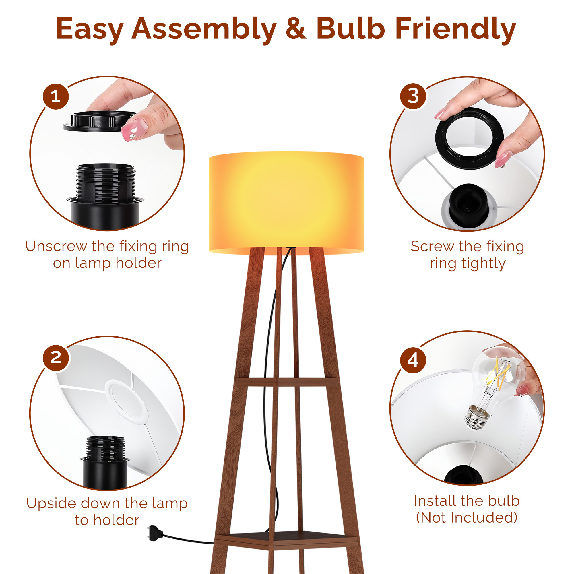 Kuber Industries Wooden Floor Lamp for Living Room Decoration with 3 Shelves  Tall Standing Corner Light Lamp for Bedroom  Bulb Not Included  Natural
