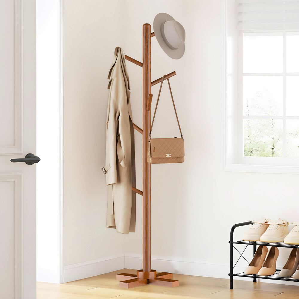 Image of Wooden Freestanding Coat Hanger with 6 Hooks | Multipurpose Hanging Pole Rack Clothes Shelf | Ideal for Scarf, Bags & Hat | Brown