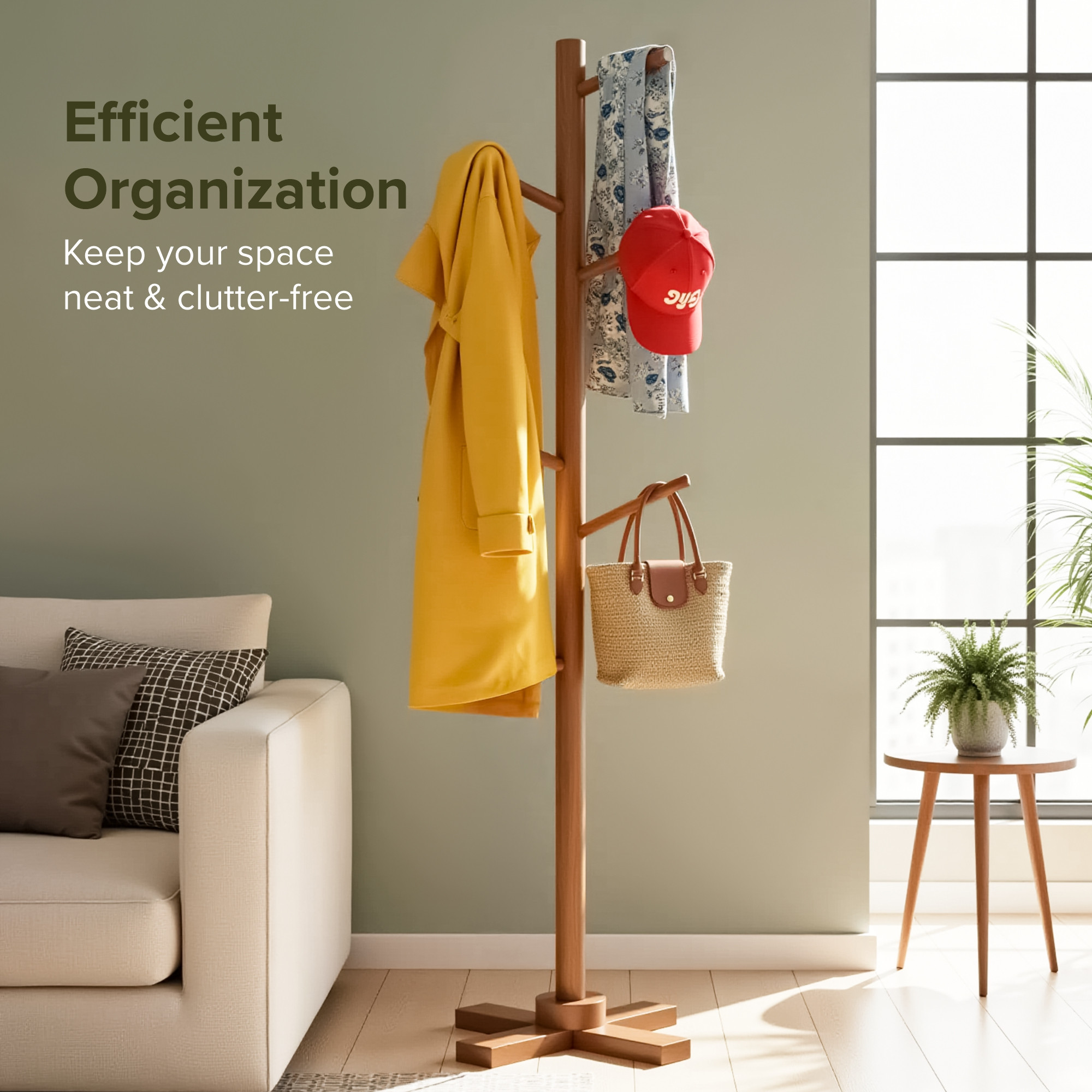 Kuber Industries Wooden Freestanding Coat Hanger with 6 Hooks  Multipurpose Hanging Pole Rack Clothes Shelf  Ideal for Scarf Bags  Hat  Brown