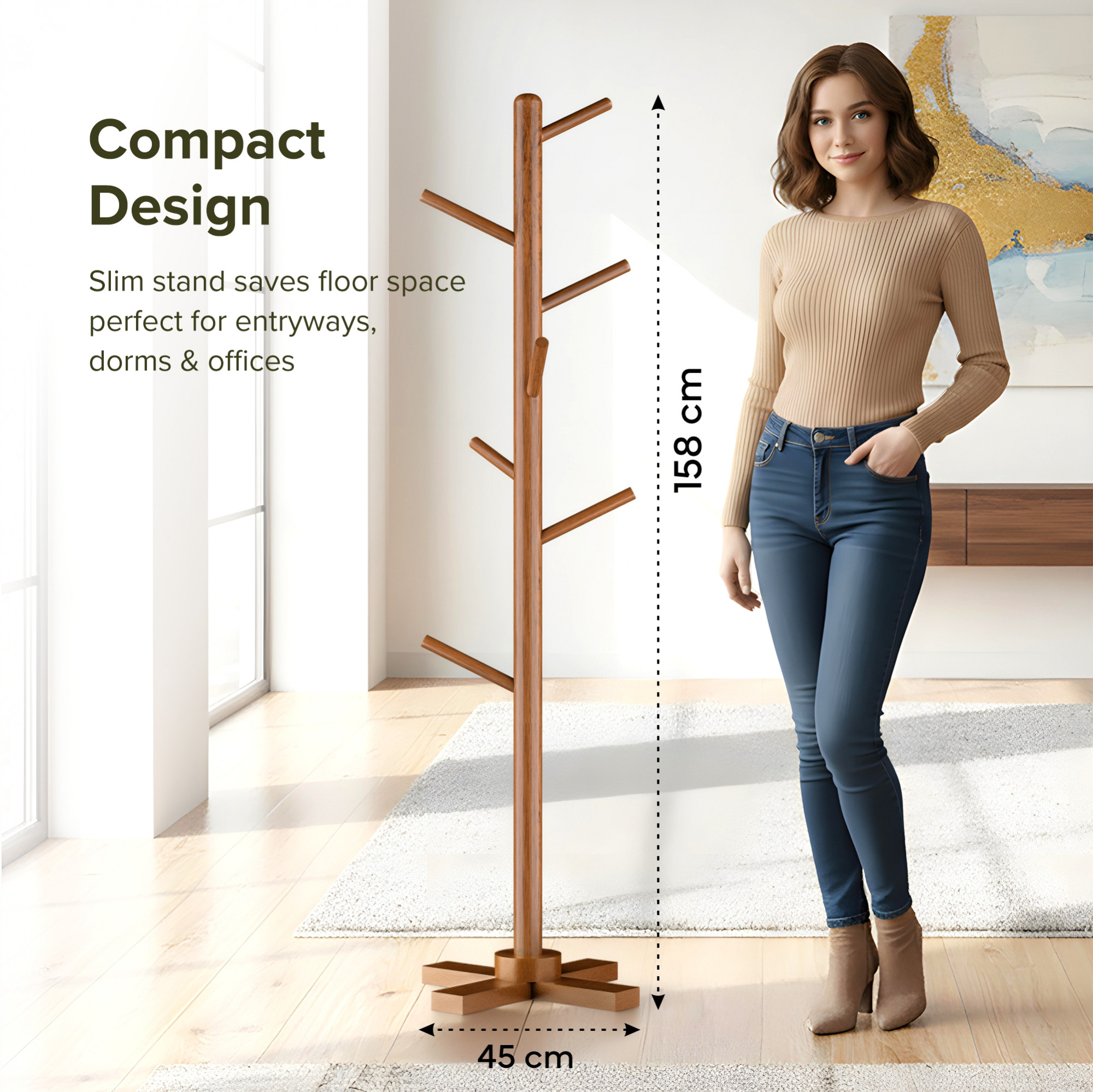 Kuber Industries Wooden Freestanding Coat Hanger with 6 Hooks  Multipurpose Hanging Pole Rack Clothes Shelf  Ideal for Scarf Bags  Hat  Brown