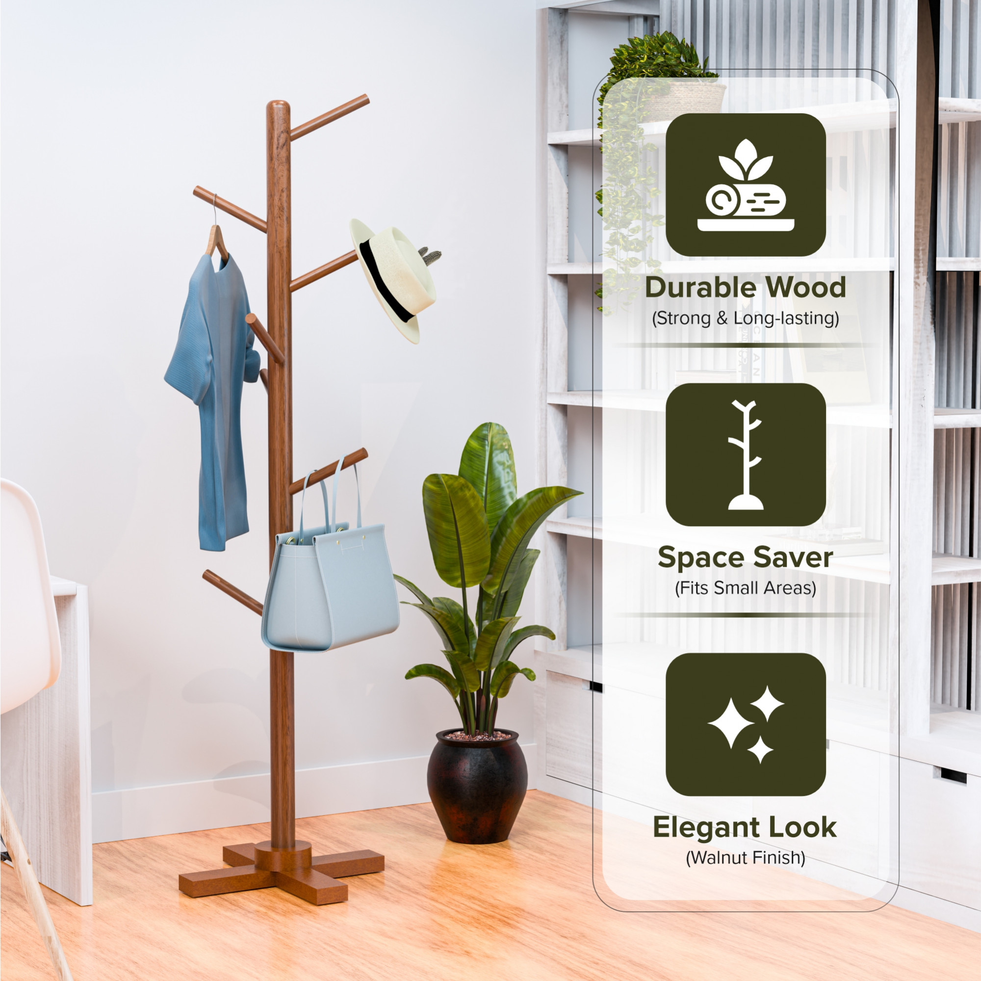 Kuber Industries Wooden Freestanding Coat Hanger with 6 Hooks  Multipurpose Hanging Pole Rack Clothes Shelf  Ideal for Scarf Bags  Hat  Brown