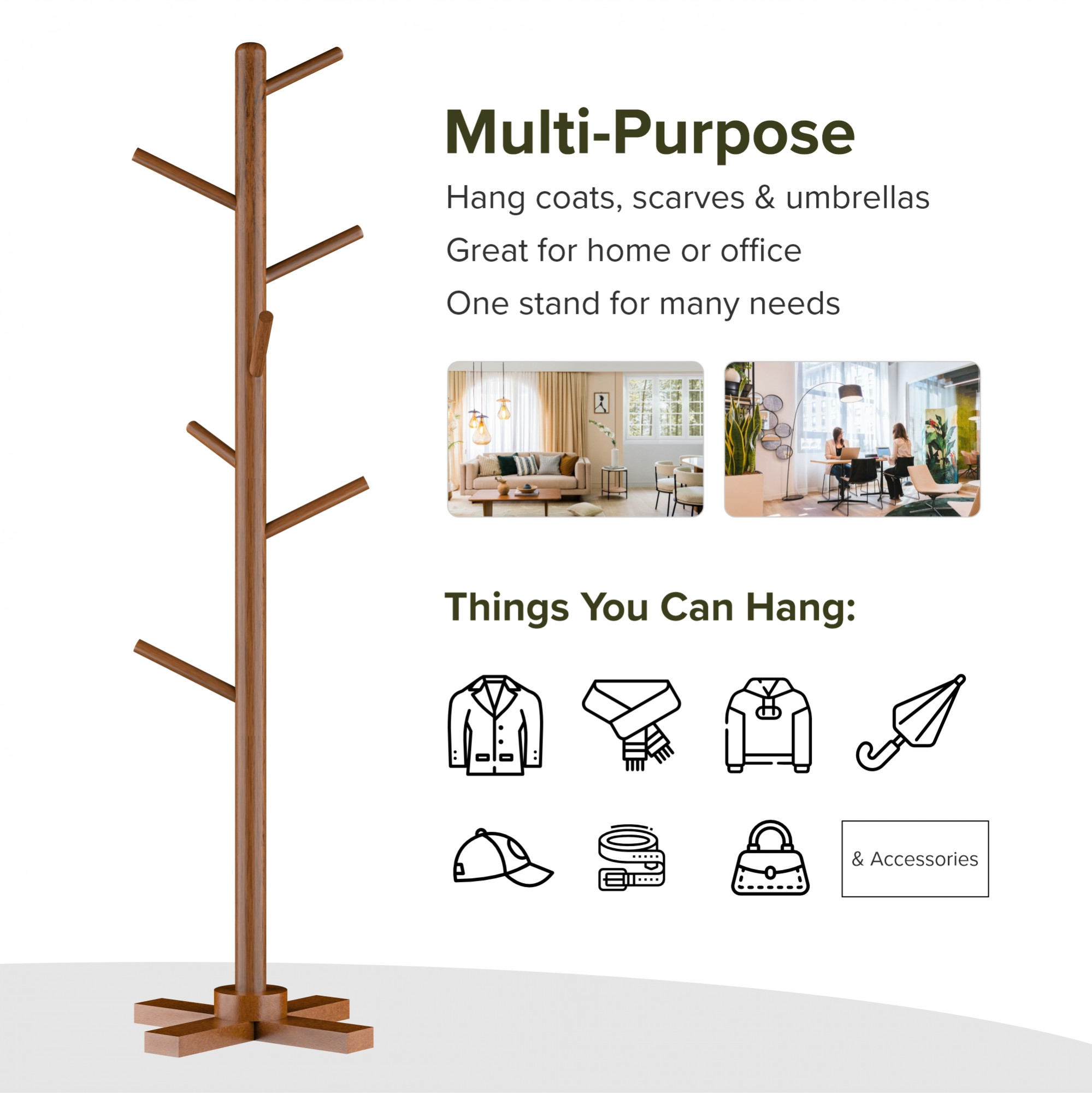 Kuber Industries Wooden Freestanding Coat Hanger with 6 Hooks  Multipurpose Hanging Pole Rack Clothes Shelf  Ideal for Scarf Bags  Hat  Brown