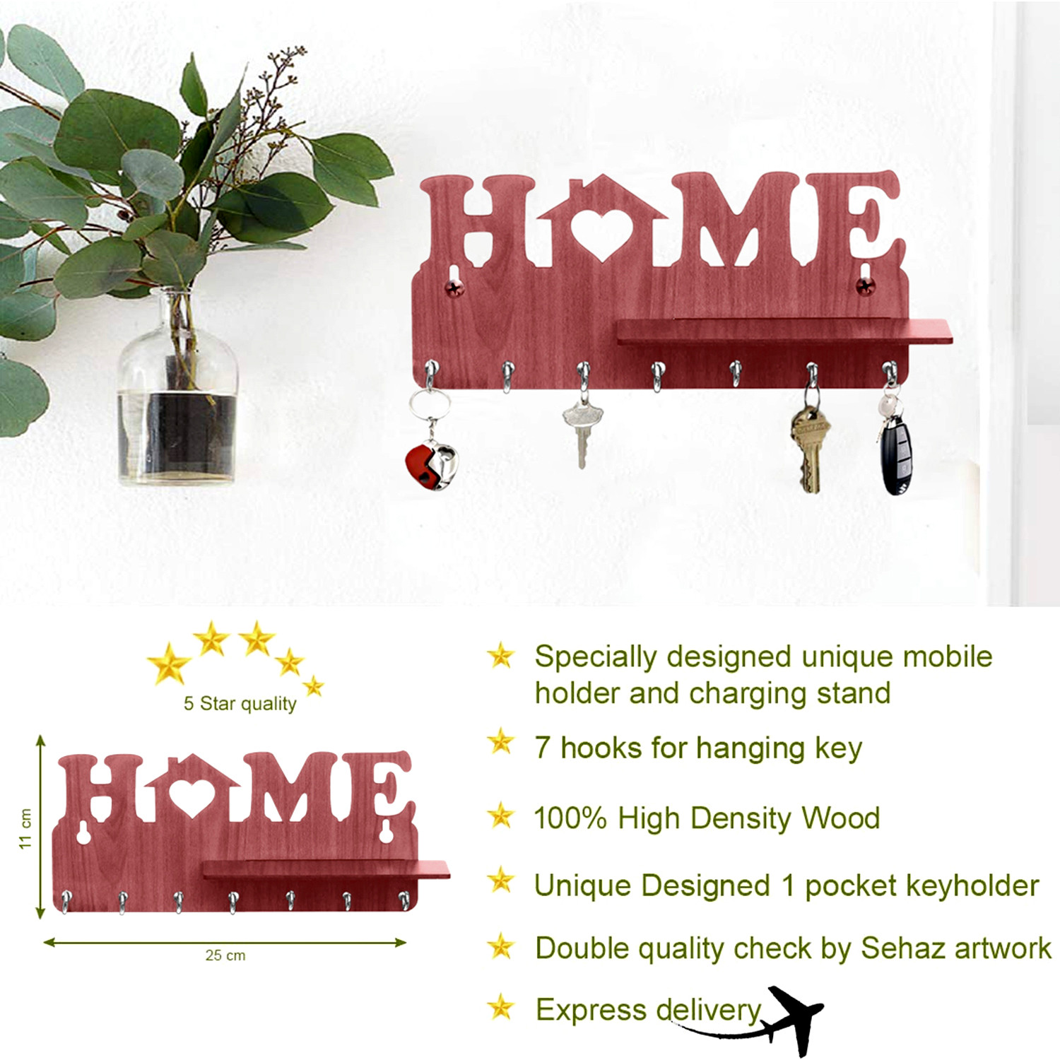 Kuber Industries Wooden Home Design 7 Hooks Mounted Key Holder | Key Stand With Shelf For Home Decorative (Brown)