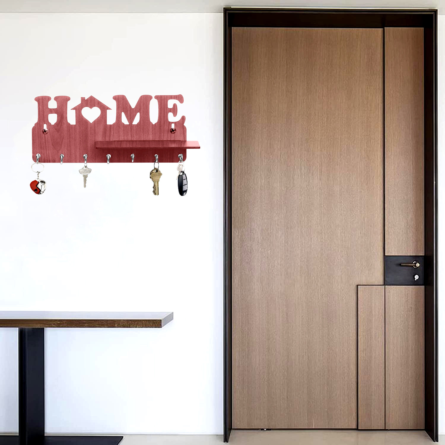 Kuber Industries Wooden Home Design 7 Hooks Mounted Key Holder | Key Stand With Shelf For Home Decorative (Brown)