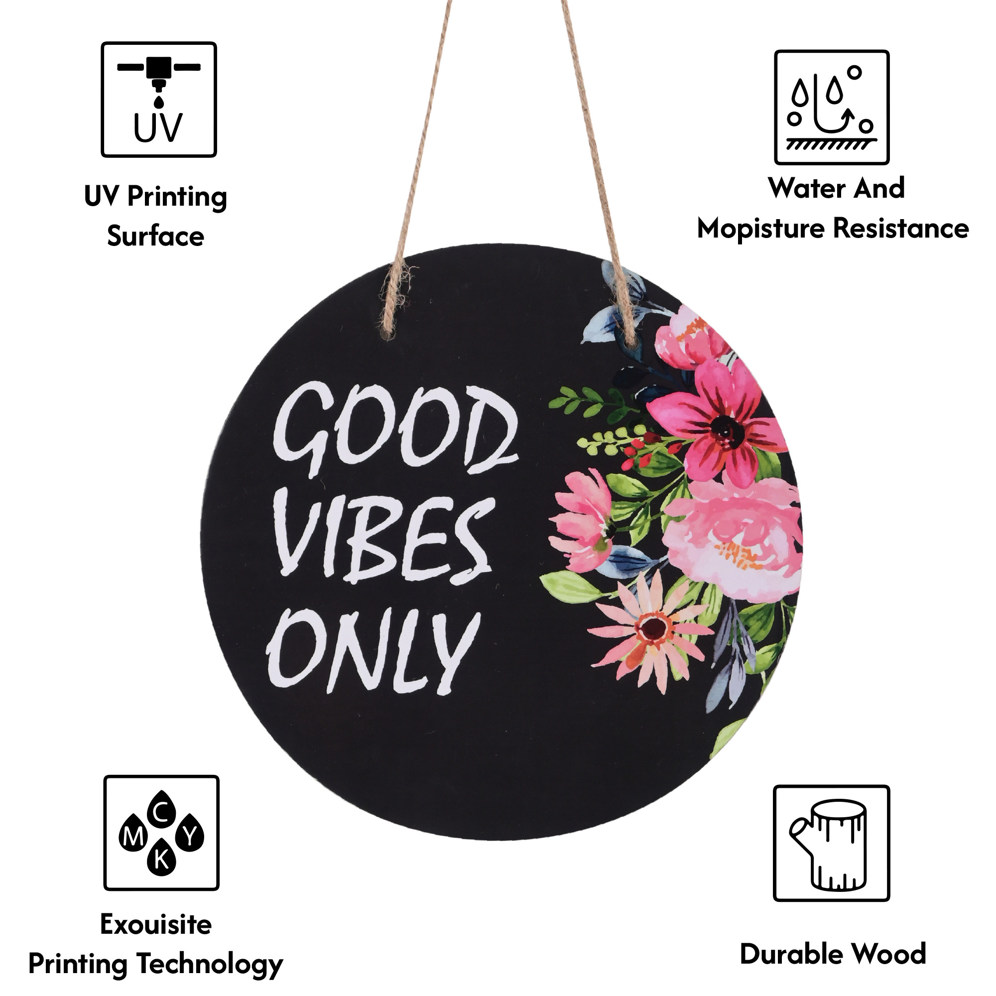 Kuber Industries Wooden Inspirational Quotes Wall Hanging Decoration for Living Room Bedroom  Office  Wall Art Home Decor Items for Hall Entry Door  Staircase   Good Vibes - Black