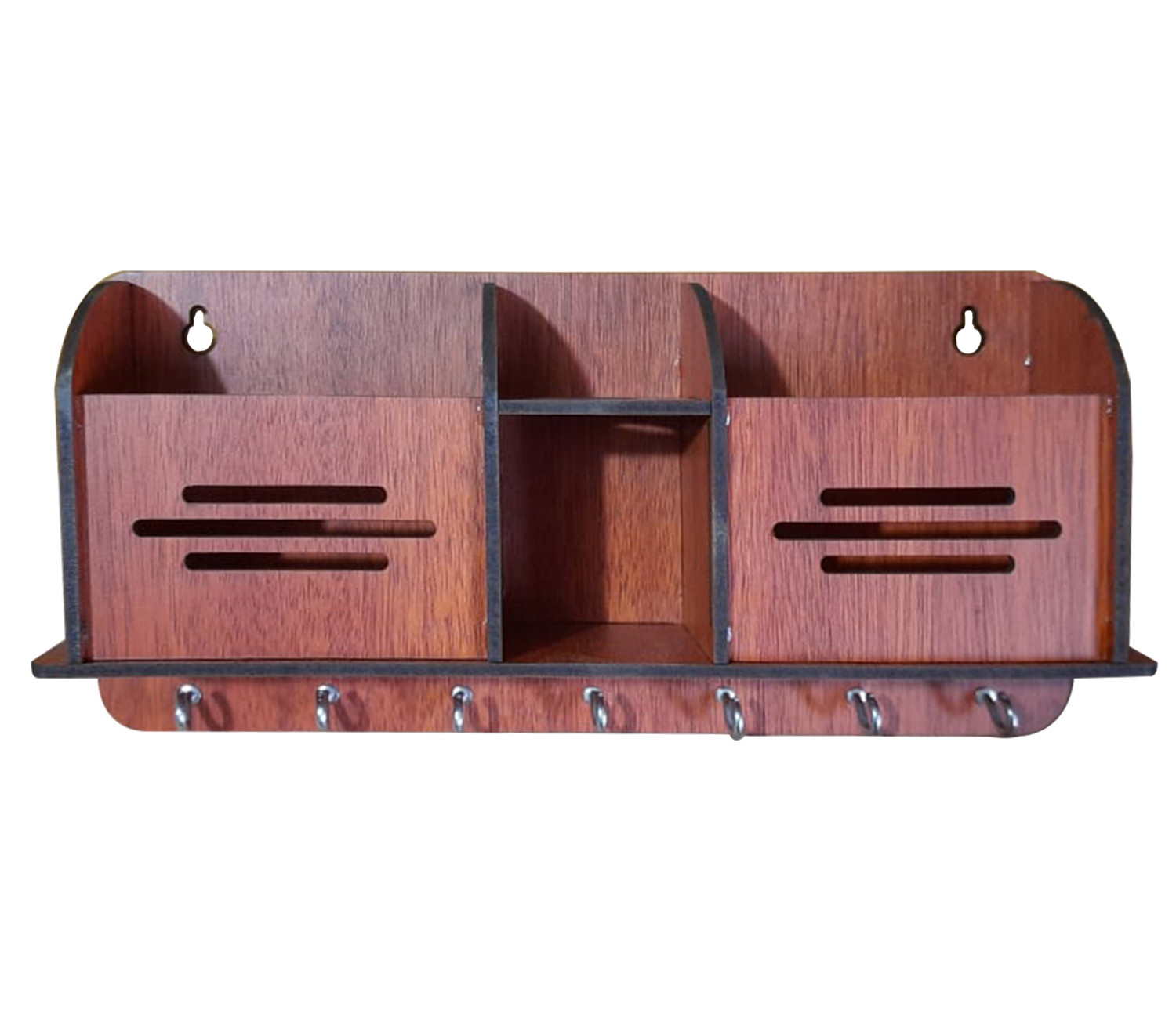 Kuber Industries Wooden Line Design 7 Hooks Key Holder | Pen & Pencil Holder | Mobile Stand With Charging Slots (Brown)