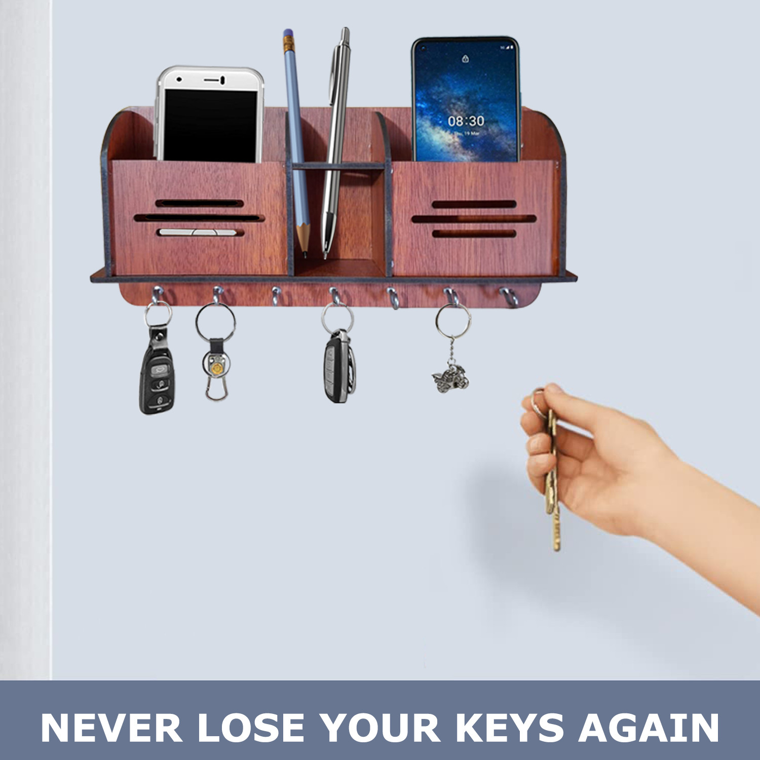 Kuber Industries Wooden Line Design 7 Hooks Key Holder | Pen & Pencil Holder | Mobile Stand With Charging Slots (Brown)