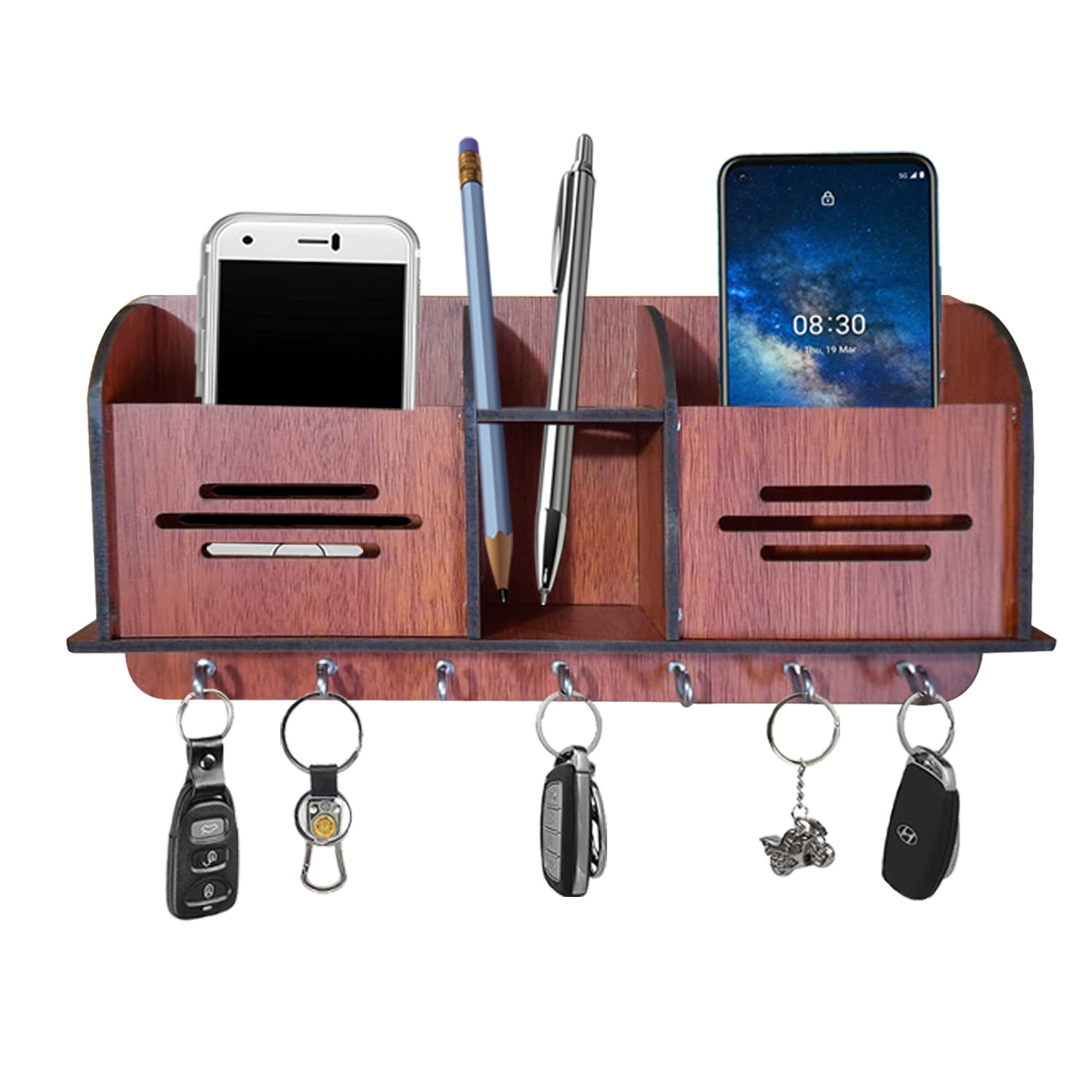 Kuber Industries Wooden Line Design 7 Hooks Key Holder | Pen & Pencil Holder | Mobile Stand With Charging Slots (Brown)