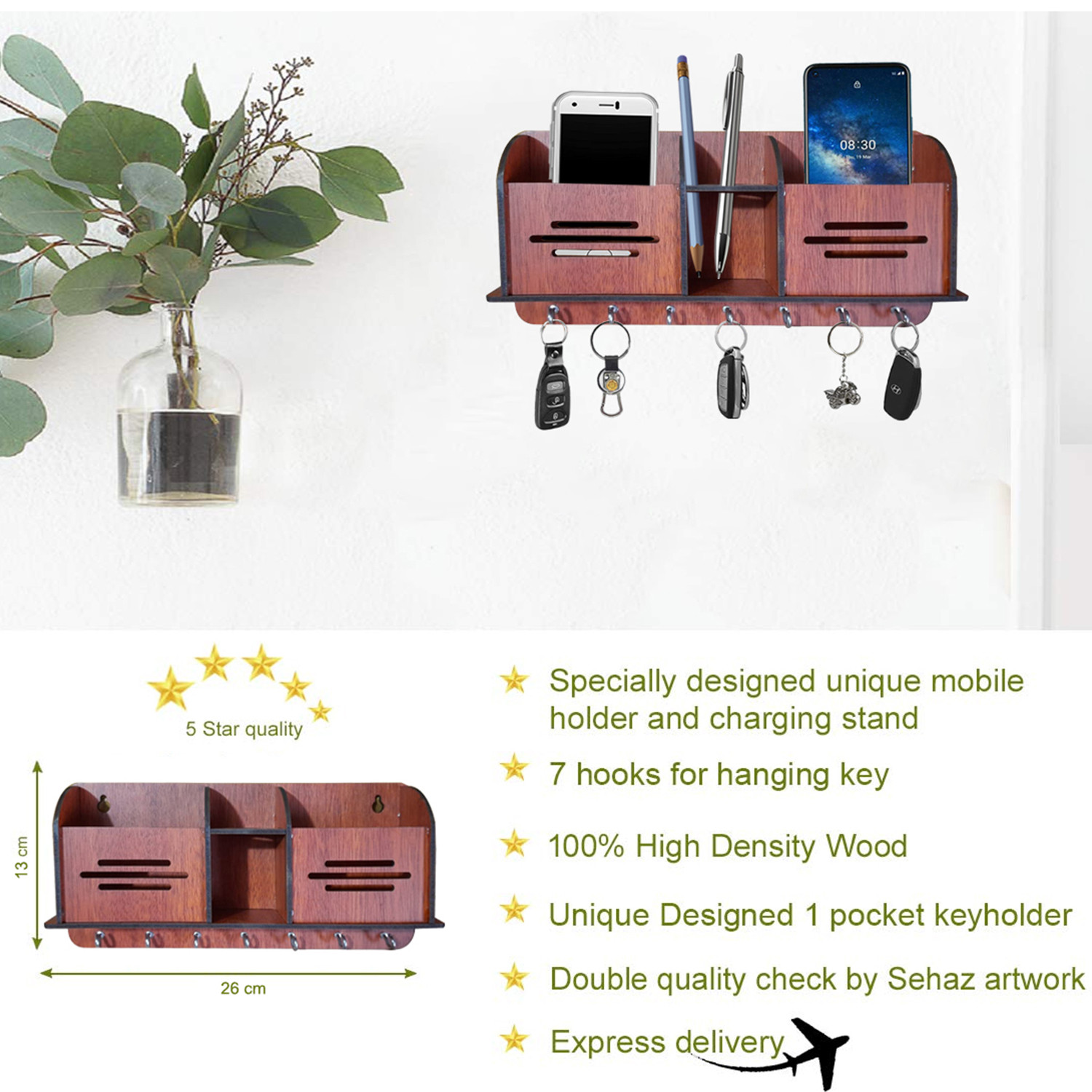 Kuber Industries Wooden Line Design 7 Hooks Key Holder | Pen & Pencil Holder | Mobile Stand With Charging Slots (Brown)