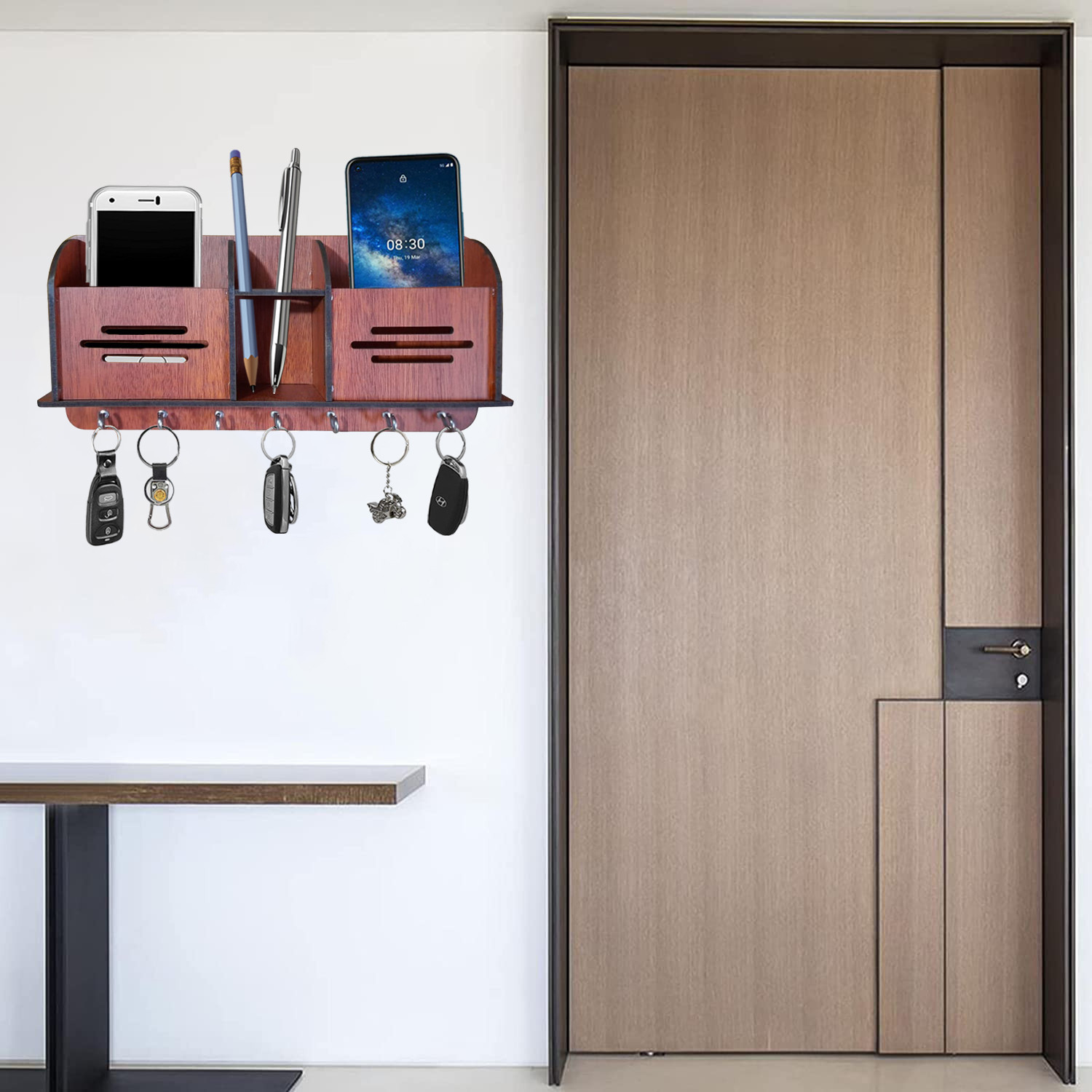 Kuber Industries Wooden Line Design 7 Hooks Key Holder | Pen & Pencil Holder | Mobile Stand With Charging Slots (Brown)