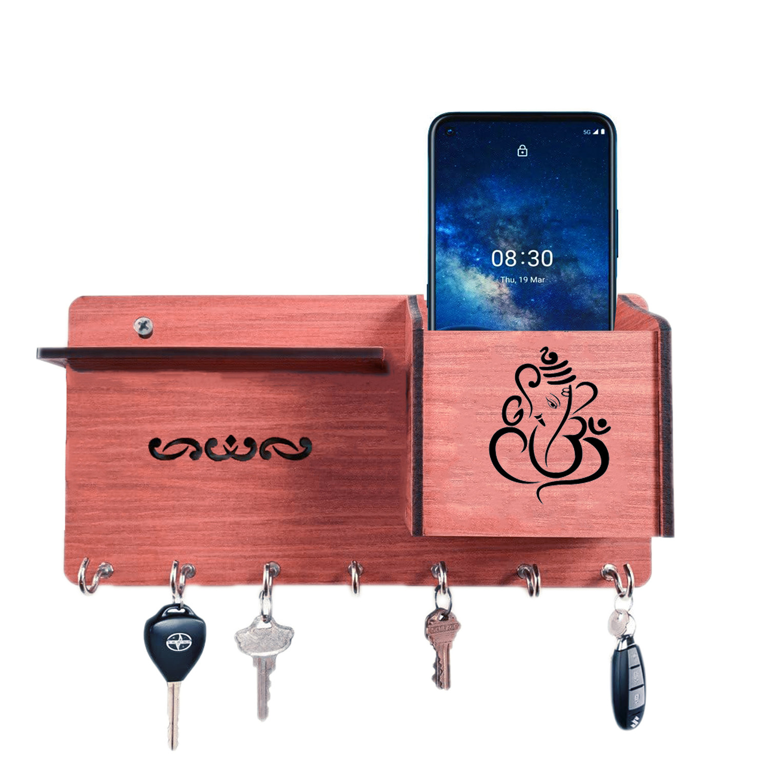 Kuber Industries Wooden Lord Ganesha Wall 7 Hooks Key Holder For Home Decor With Mobile Stand & Wall Shelf (Brown)