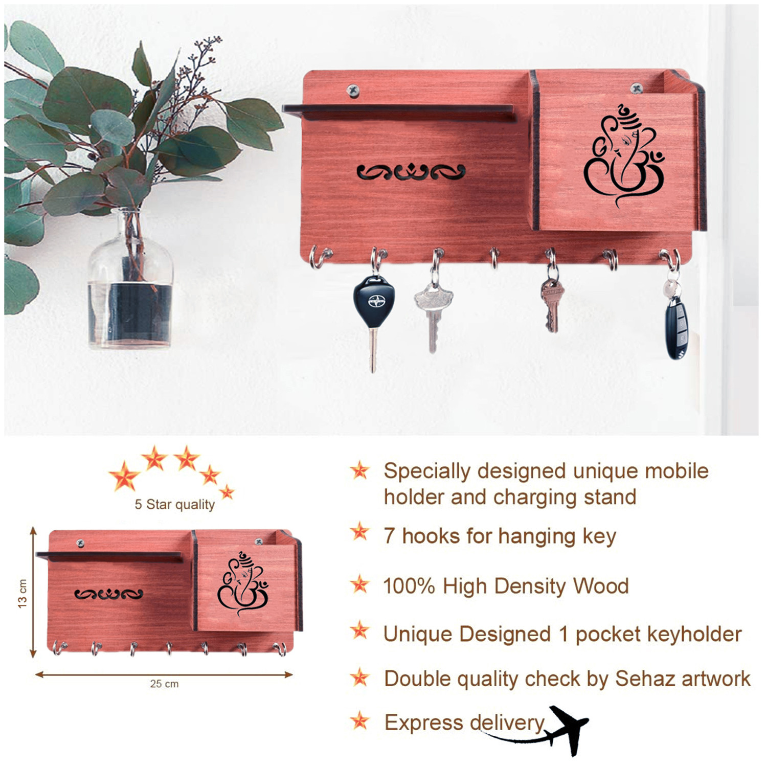 Kuber Industries Wooden Lord Ganesha Wall 7 Hooks Key Holder For Home Decor With Mobile Stand & Wall Shelf (Brown)