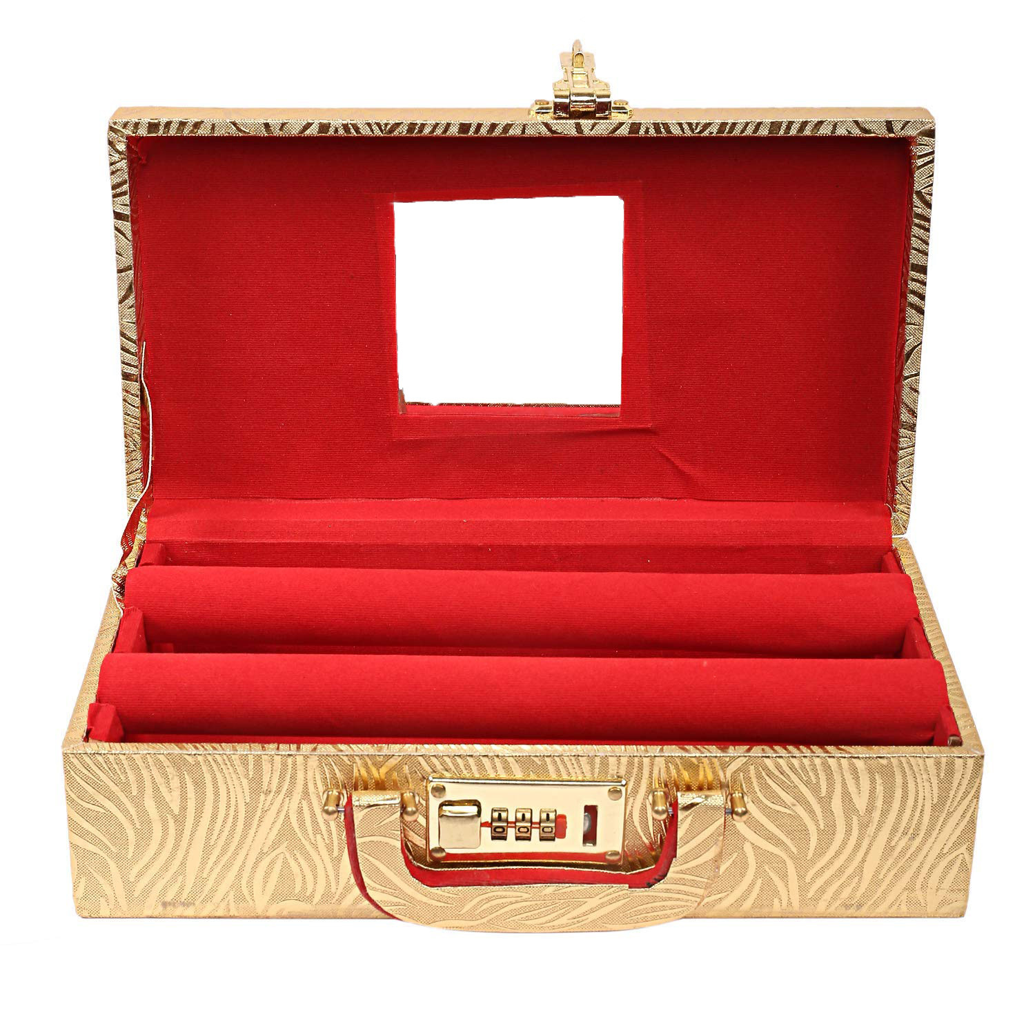 Kuber Industries Wooden Number Lock System 2 Rod Bangle Box|Singaardani|Vanity Organizer With Mirror & Handle (Golden)