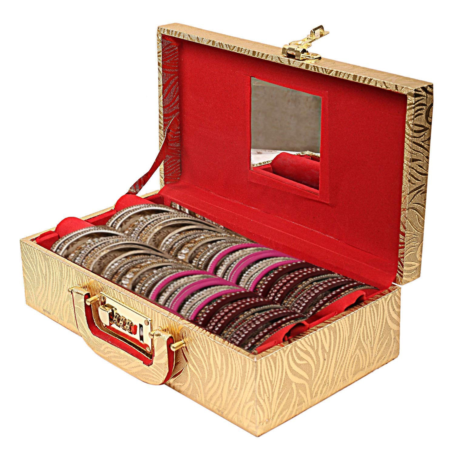 Kuber Industries Wooden Number Lock System 2 Rod Bangle Box|Singaardani|Vanity Organizer With Mirror & Handle (Golden)