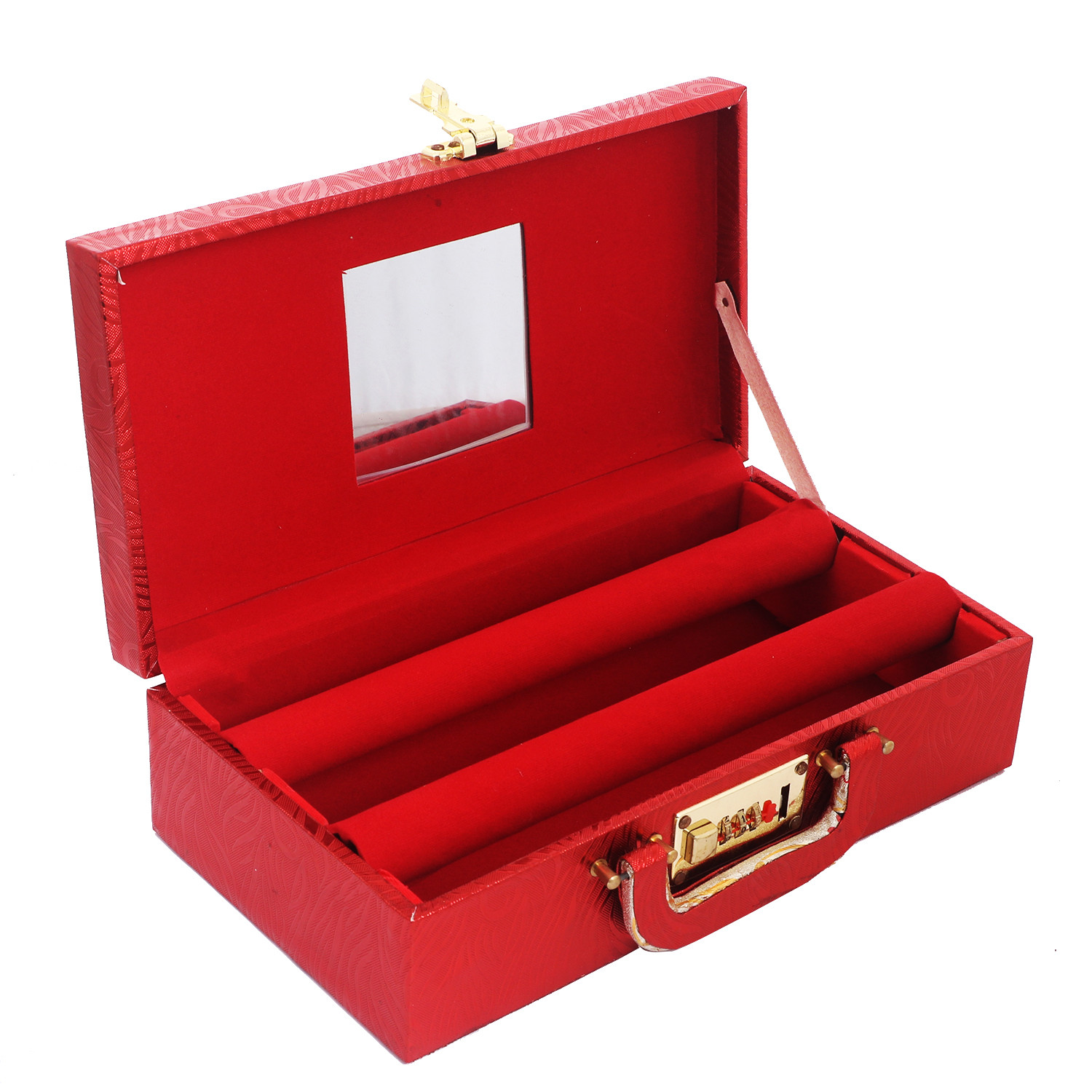 Kuber Industries Wooden Number Lock System 2 Rod Bangle Box|Singaardani|Vanity Organizer With Mirror & Handle (Maroon)