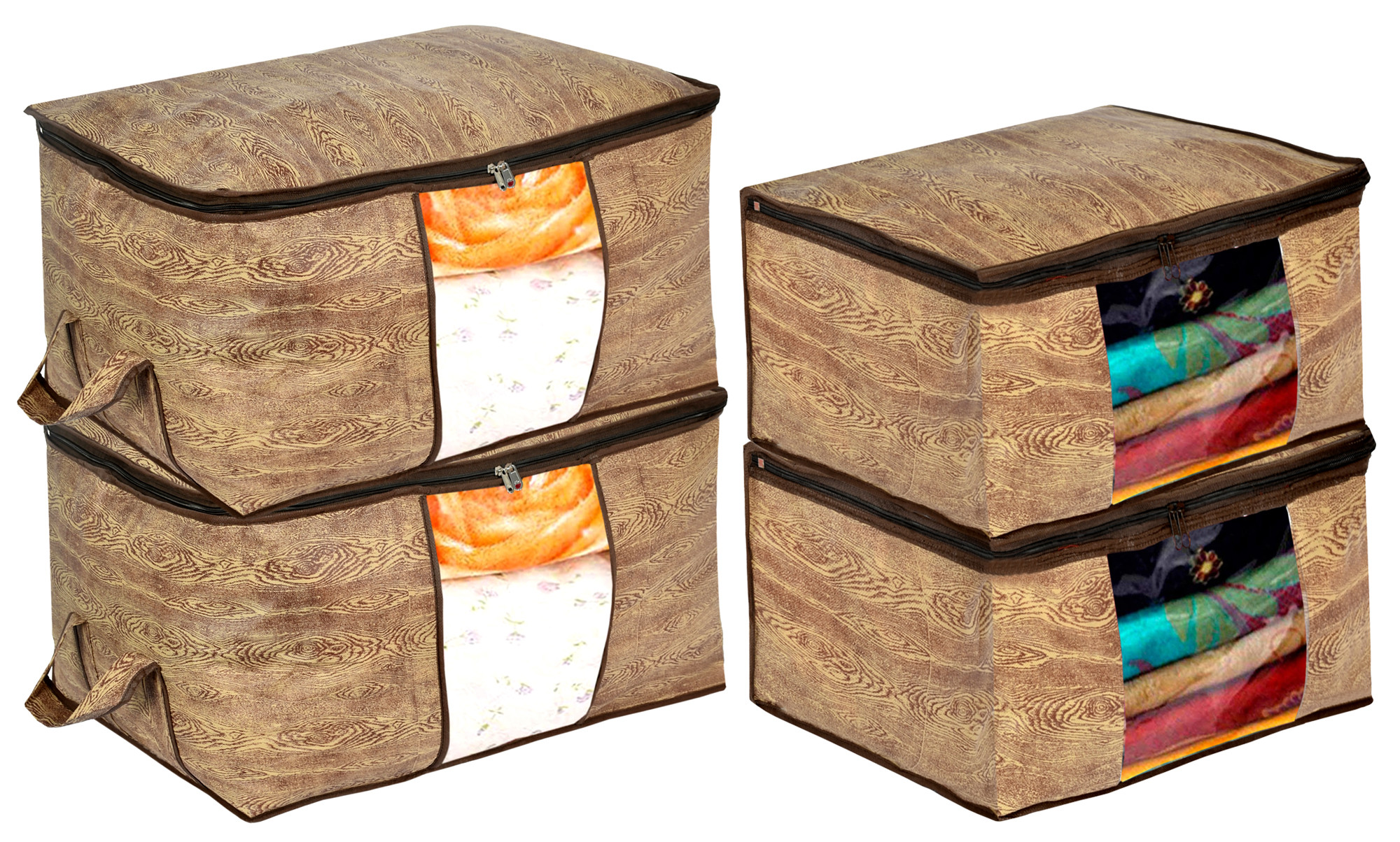 Kuber Industries Wooden Print Non Woven Saree Cover And Underbed Storage Bag, Storage Organiser, Blanket Cover (Brown)