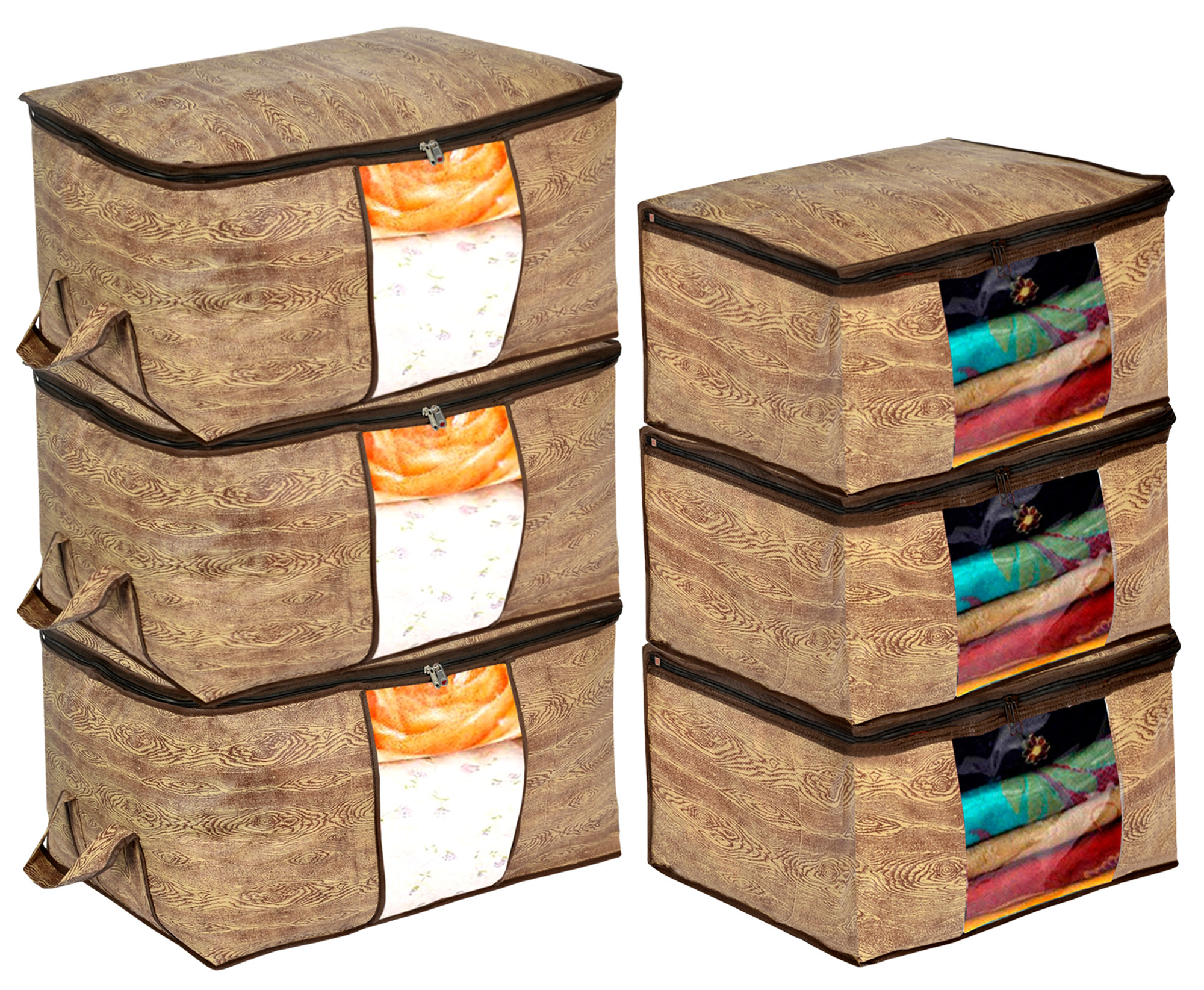 Kuber Industries Wooden Print Non Woven Saree Cover And Underbed Storage Bag, Storage Organiser, Blanket Cover (Brown)