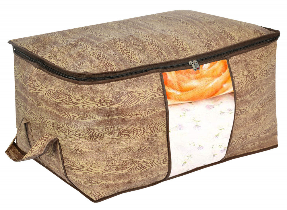 Kuber Industries Wooden Print Non Woven Underbed Storage Bag,Cloth Organiser,Blanket Cover with Transparent Window (Brown)