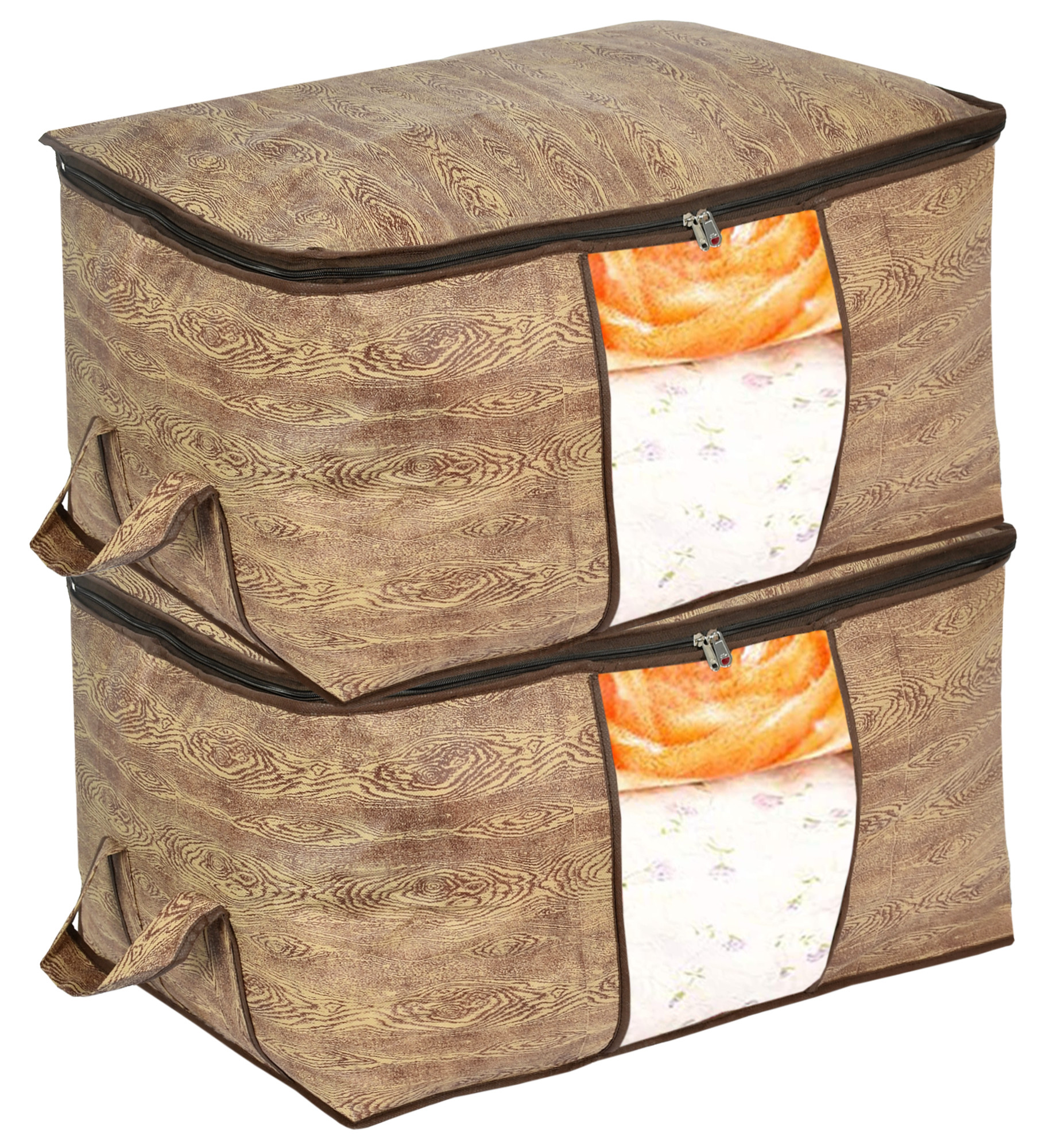 Kuber Industries Wooden Print Non Woven Underbed Storage Bag,Cloth Organiser,Blanket Cover with Transparent Window (Brown)