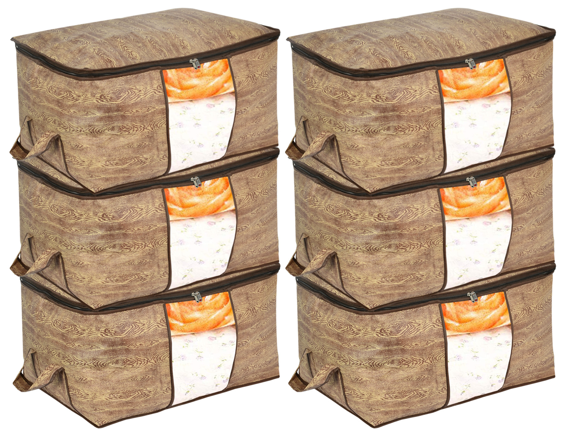 Kuber Industries Wooden Print Non Woven Underbed Storage Bag,Cloth Organiser,Blanket Cover with Transparent Window (Brown)