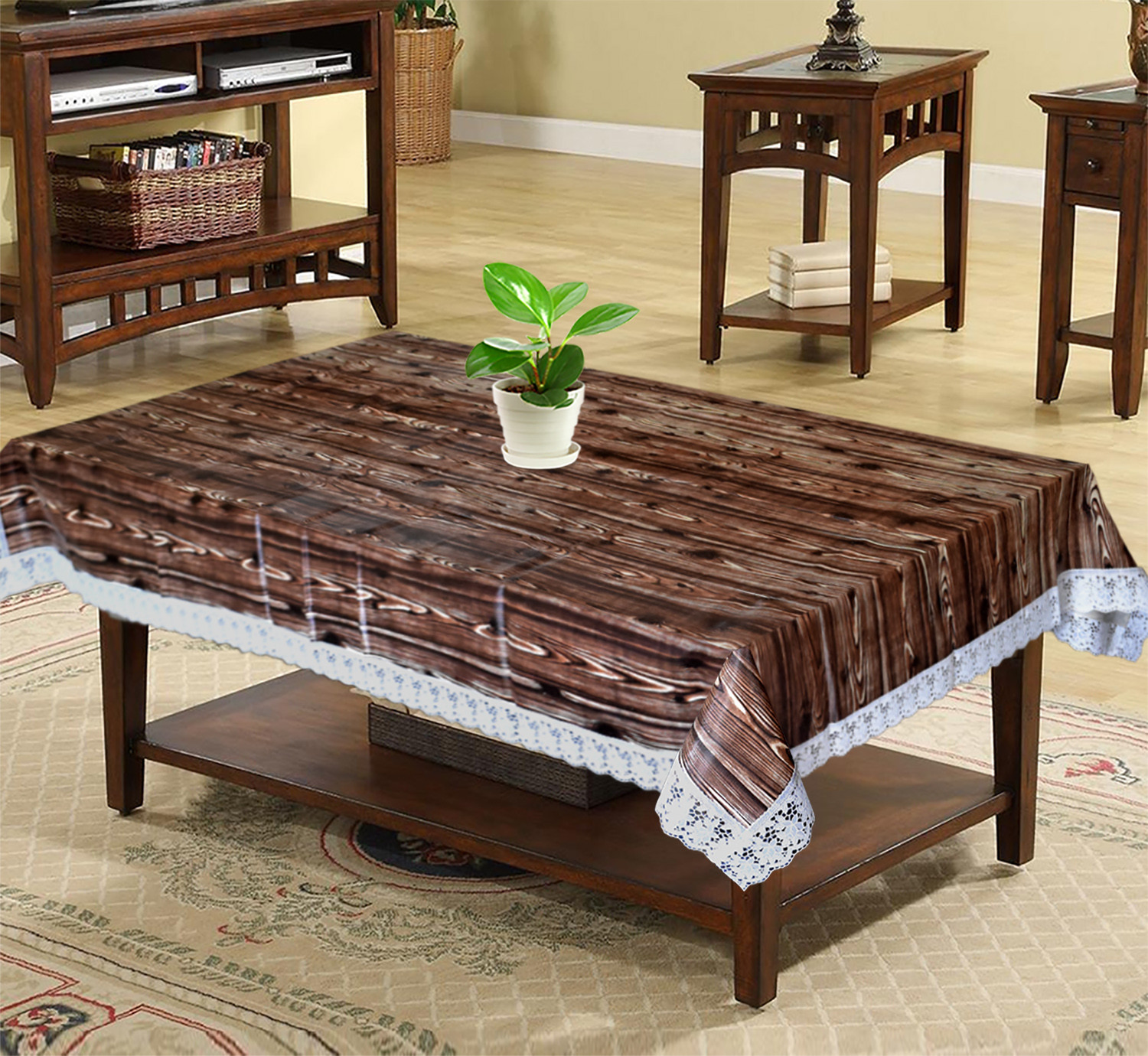 Kuber Industries Wooden Print PVC Center Table Cover/Table Cloth For Home Decorative Luxurious 4 Seater, 60