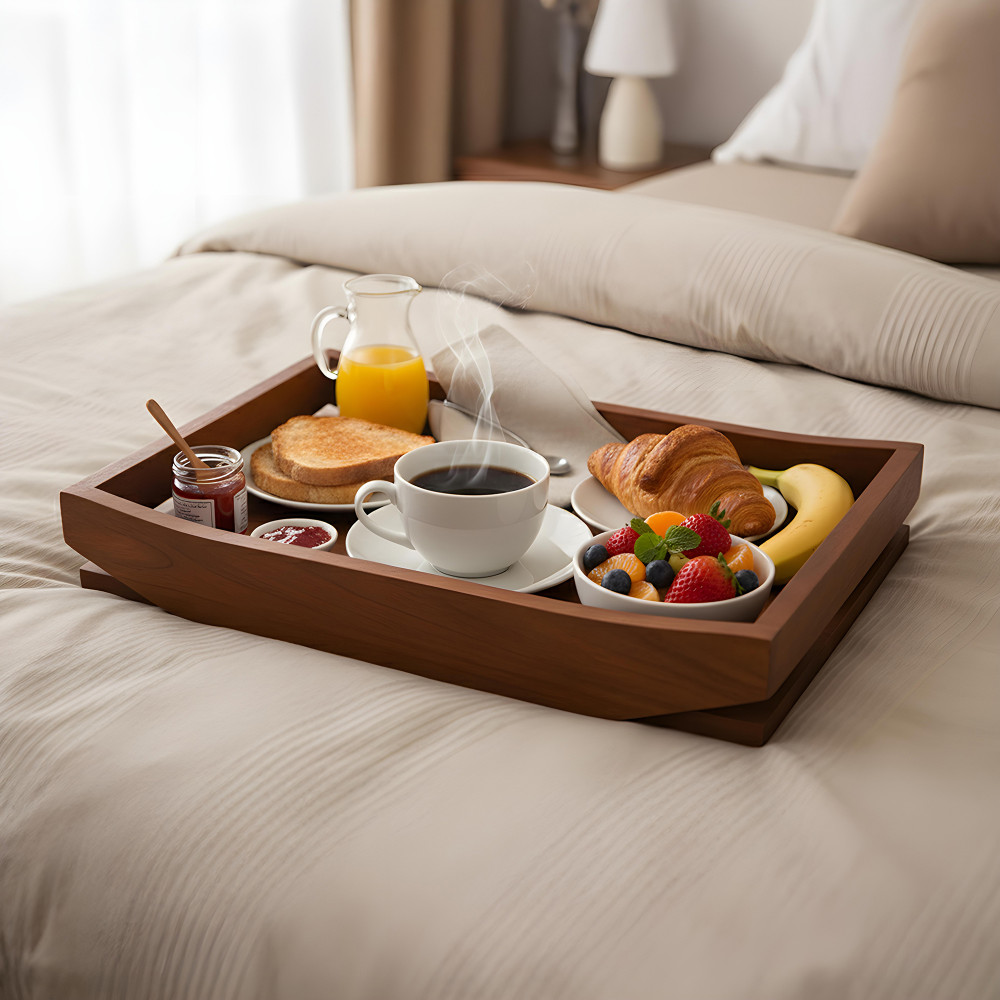 Image of Kuber Industries Wooden Serving Tray Boat Shape Modern Style With Handle | Multipurpose Spacious Rectangular Platter | Ideal for Tea &amp; Snacks | Brown