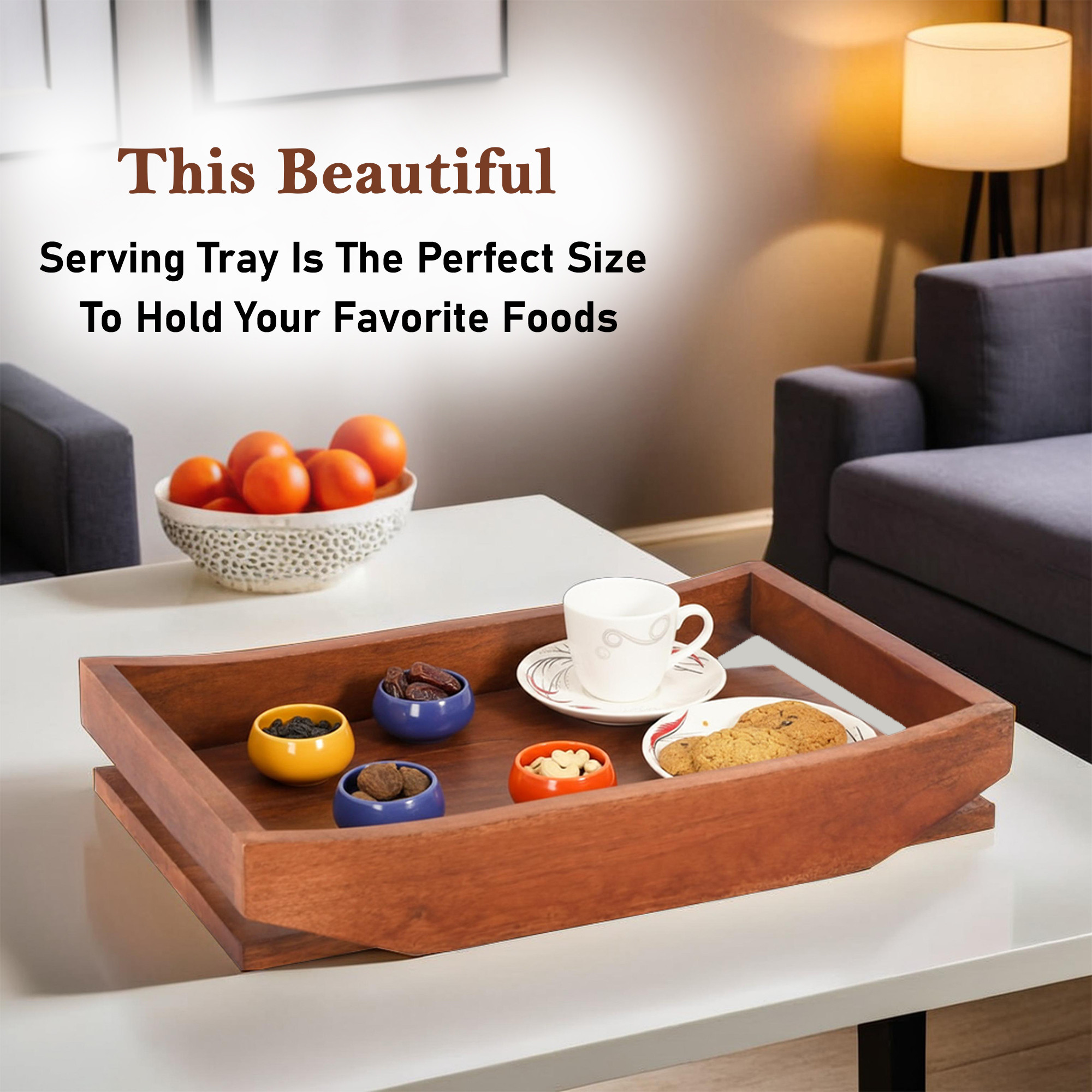 Kuber Industries Wooden Serving Tray Boat Shape Modern Style With Handle  Multipurpose Spacious Rectangular Platter  Ideal for Tea  Snacks  Brown