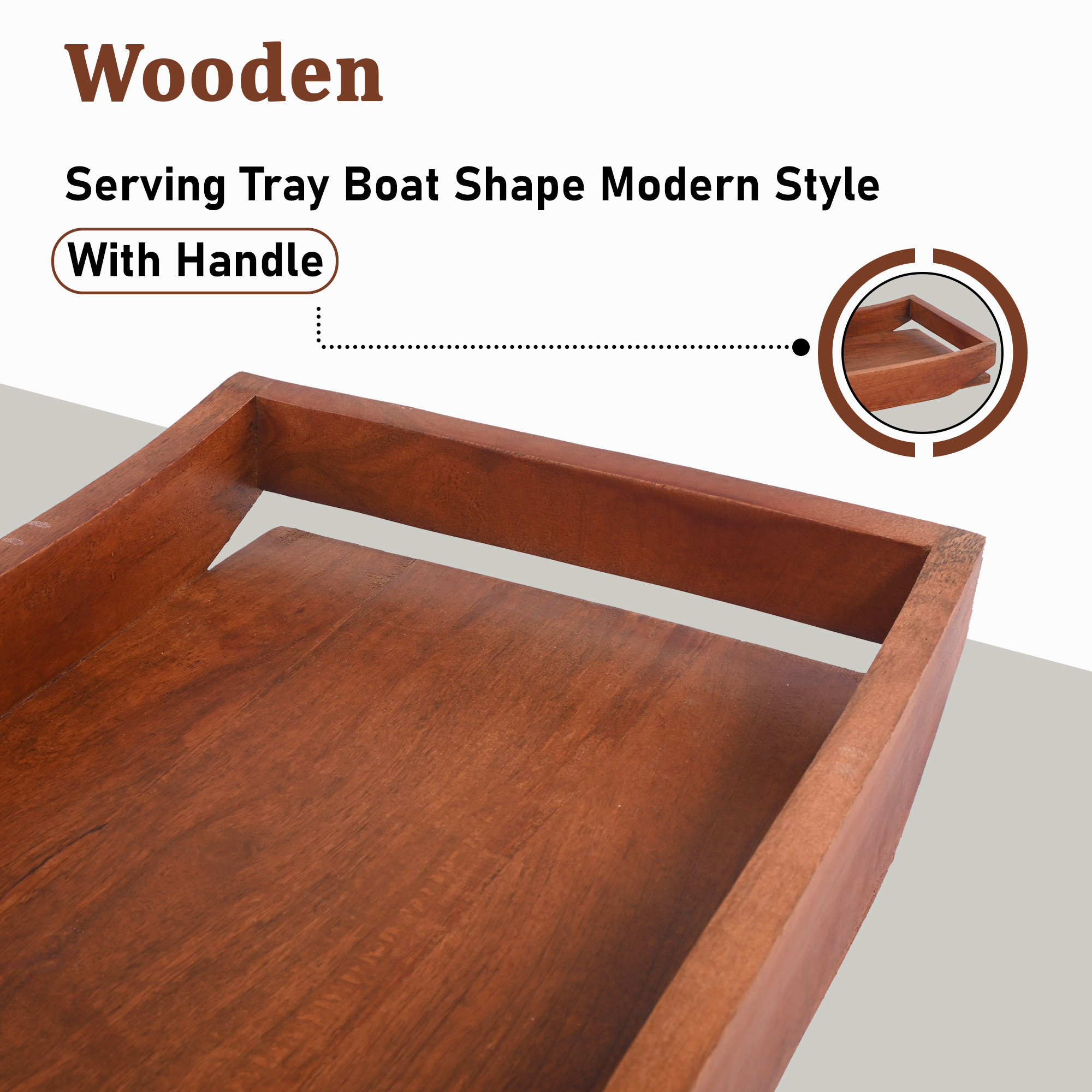 Kuber Industries Wooden Serving Tray Boat Shape Modern Style With Handle  Multipurpose Spacious Rectangular Platter  Ideal for Tea  Snacks  Brown
