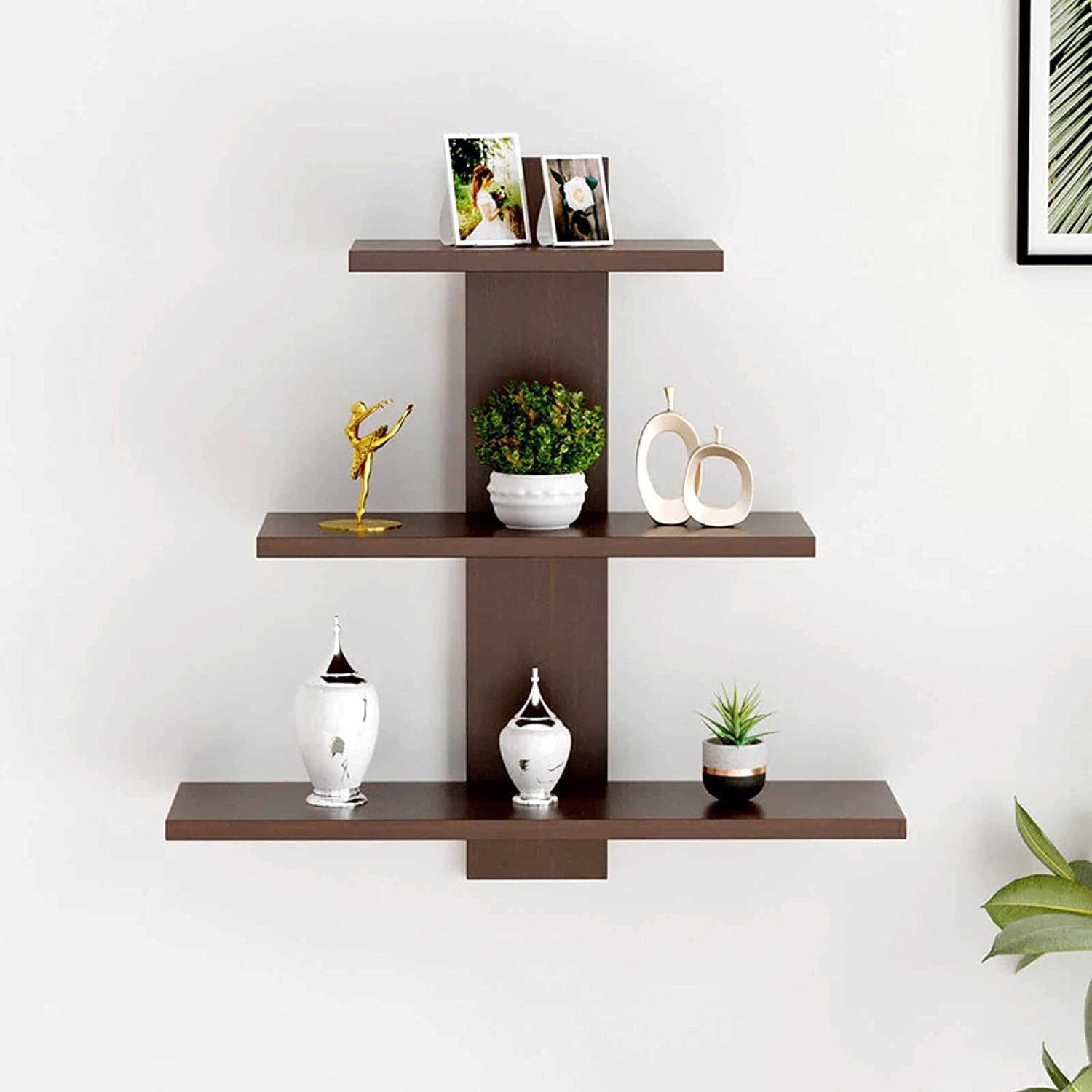 Kuber Industries Wooden Wall Shelf|Multipurpose Tree Shape Display Rack|Engineered Wood Mount 3 Tier Shelves for Office & Home DÃ©cor (Brown)