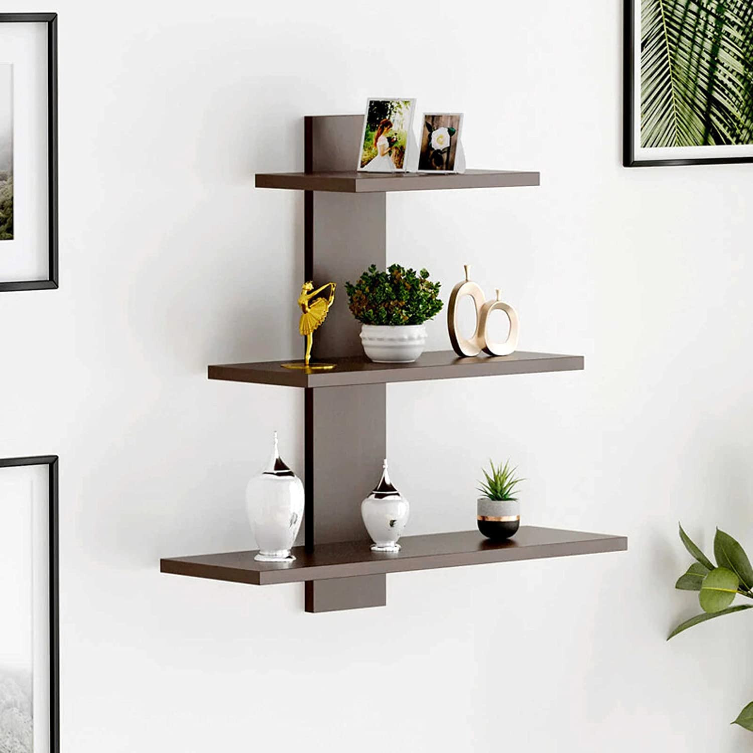 Kuber Industries Wooden Wall Shelf|Multipurpose Tree Shape Display Rack|Engineered Wood Mount 3 Tier Shelves for Office & Home DÃ©cor (Brown)
