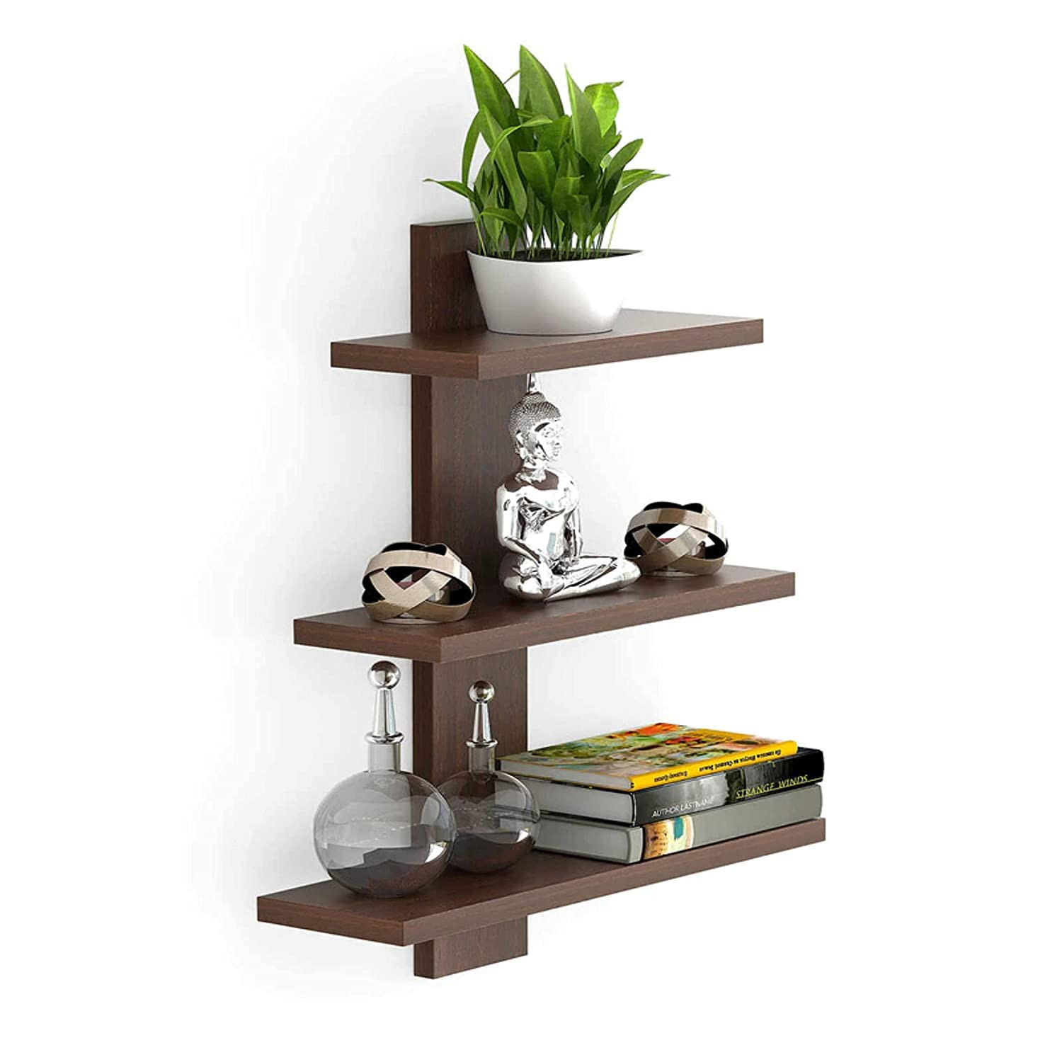 Kuber Industries Wooden Wall Shelf|Multipurpose Tree Shape Display Rack|Engineered Wood Mount 3 Tier Shelves for Office & Home DÃ©cor (Brown)