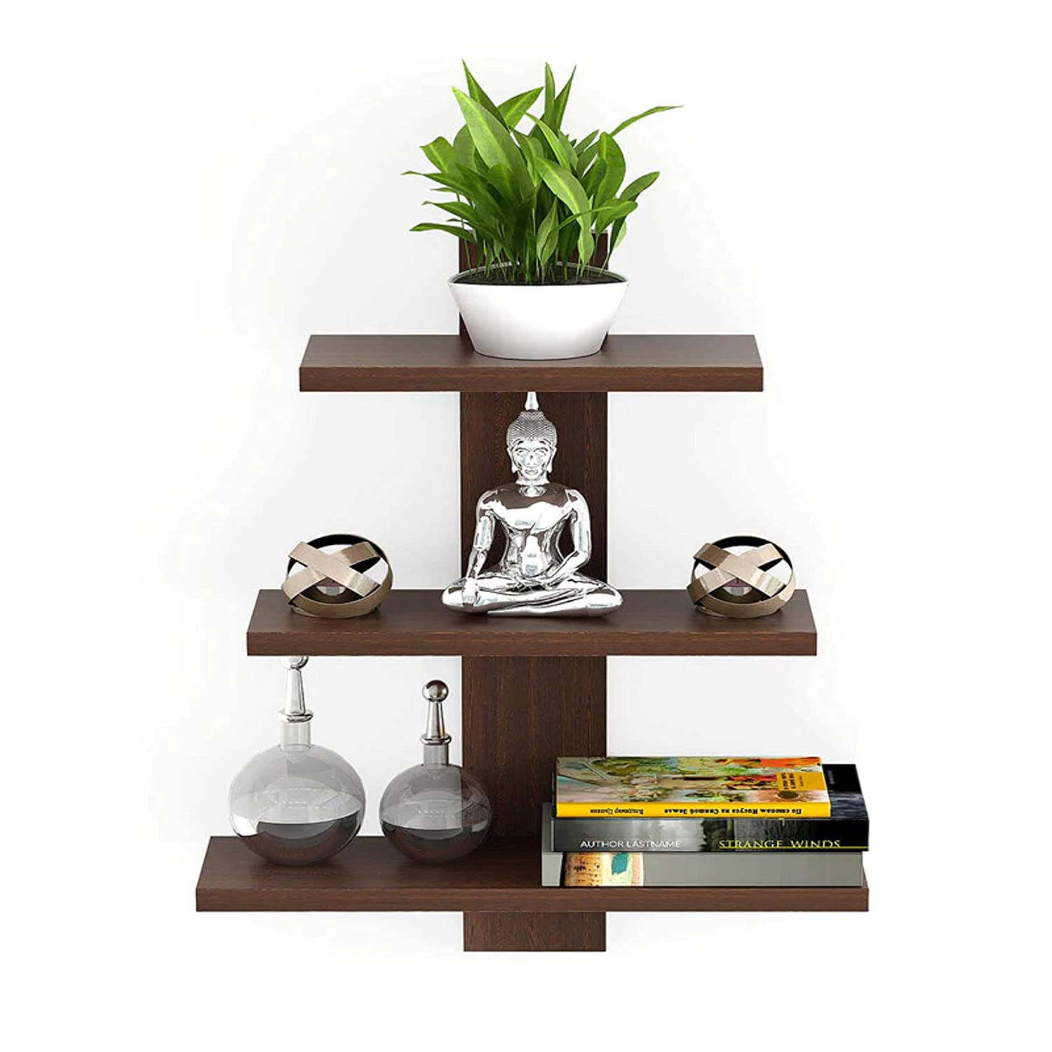 Kuber Industries Wooden Wall Shelf|Multipurpose Tree Shape Display Rack|Engineered Wood Mount 3 Tier Shelves for Office & Home DÃ©cor (Brown)