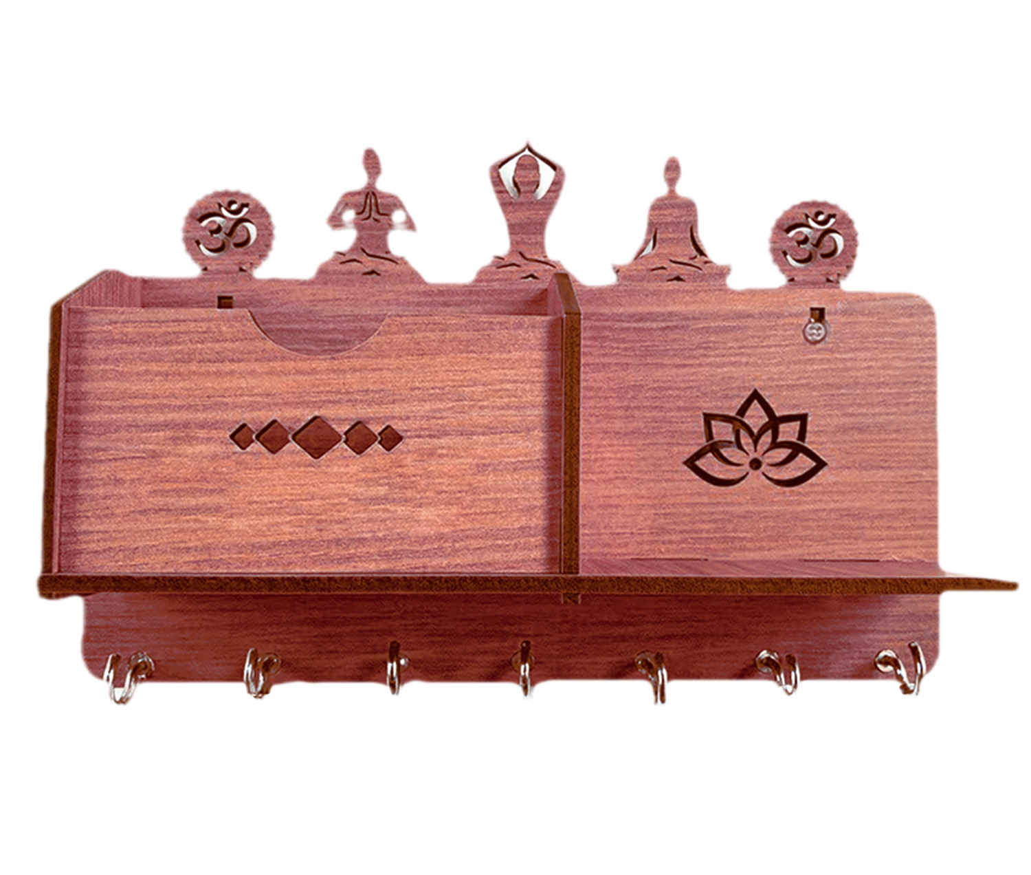 Kuber Industries Wooden Yoga Design Wall 7 Hooks Key Holder | Mail Organizer With 1 Compartment & Extra Shelf For Home Decor (Brown)