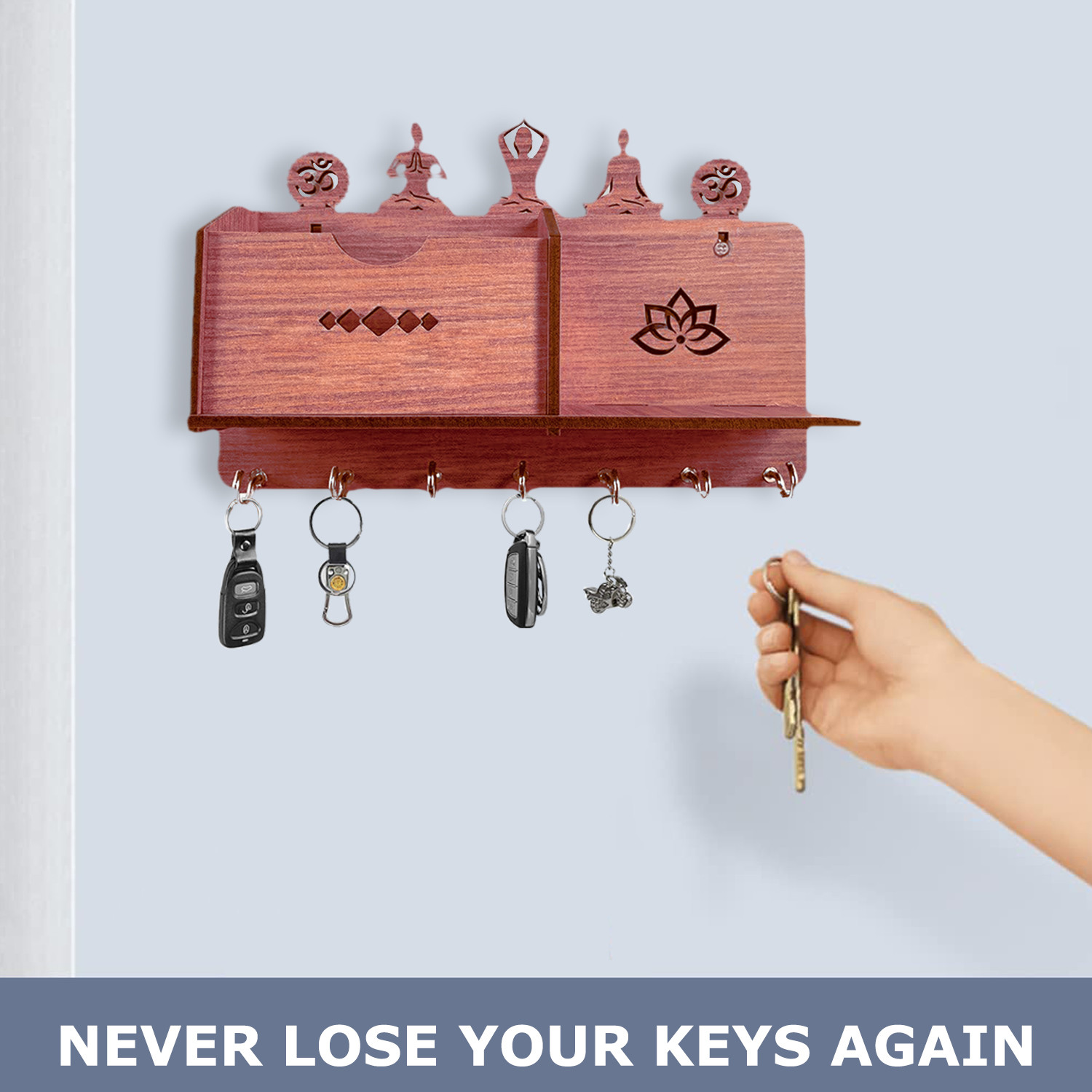 Kuber Industries Wooden Yoga Design Wall 7 Hooks Key Holder | Mail Organizer With 1 Compartment & Extra Shelf For Home Decor (Brown)