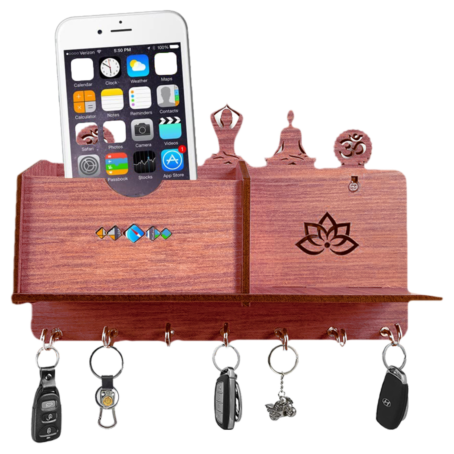 Kuber Industries Wooden Yoga Design Wall 7 Hooks Key Holder | Mail Organizer With 1 Compartment & Extra Shelf For Home Decor (Brown)