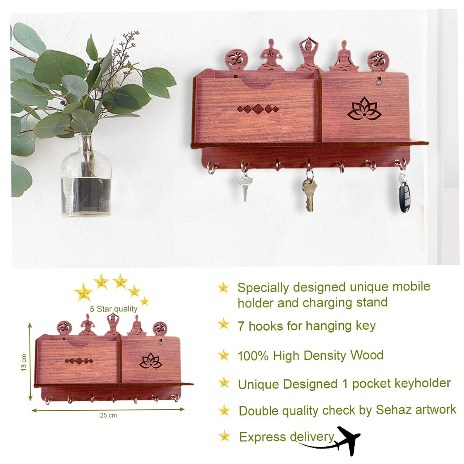 Kuber Industries Wooden Yoga Design Wall 7 Hooks Key Holder | Mail Organizer With 1 Compartment & Extra Shelf For Home Decor (Brown)