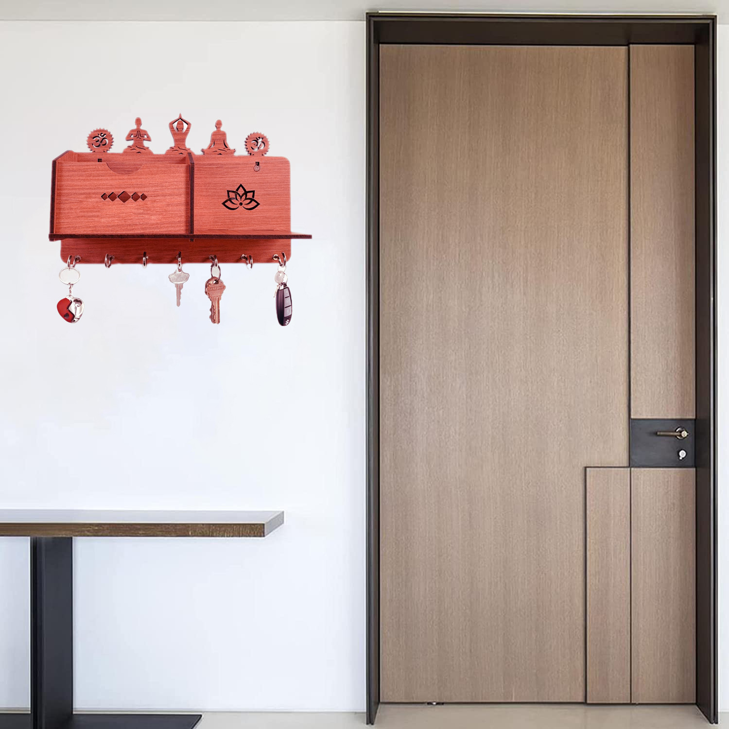 Kuber Industries Wooden Yoga Design Wall 7 Hooks Key Holder | Mail Organizer With 1 Compartment & Extra Shelf For Home Decor (Brown)